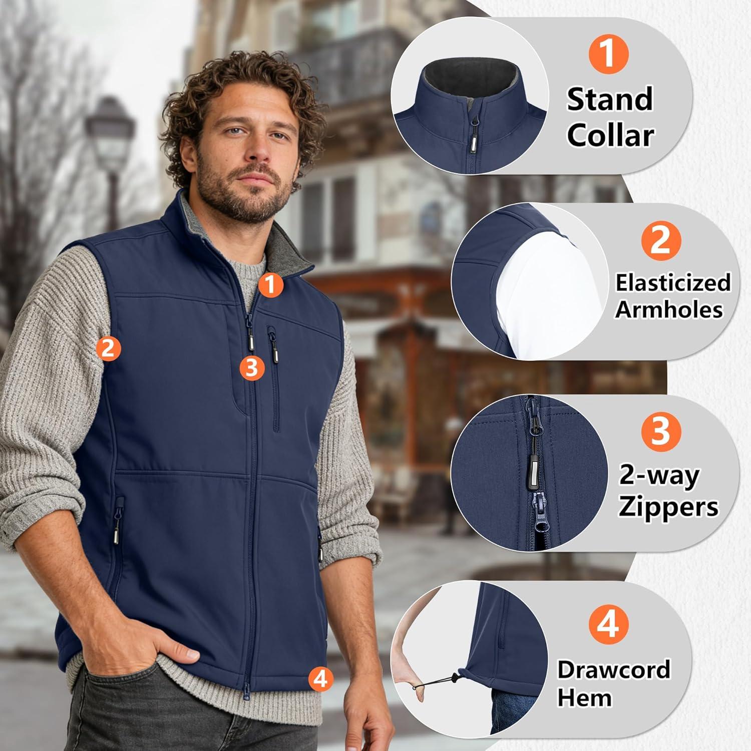 Outdoor Ventures Men’s Running Vest Outerwear, Lightweight Windproof Fleece-Lined Softshell Sleeveless Jacket for Golf(Dark Denim-7 Pockets)