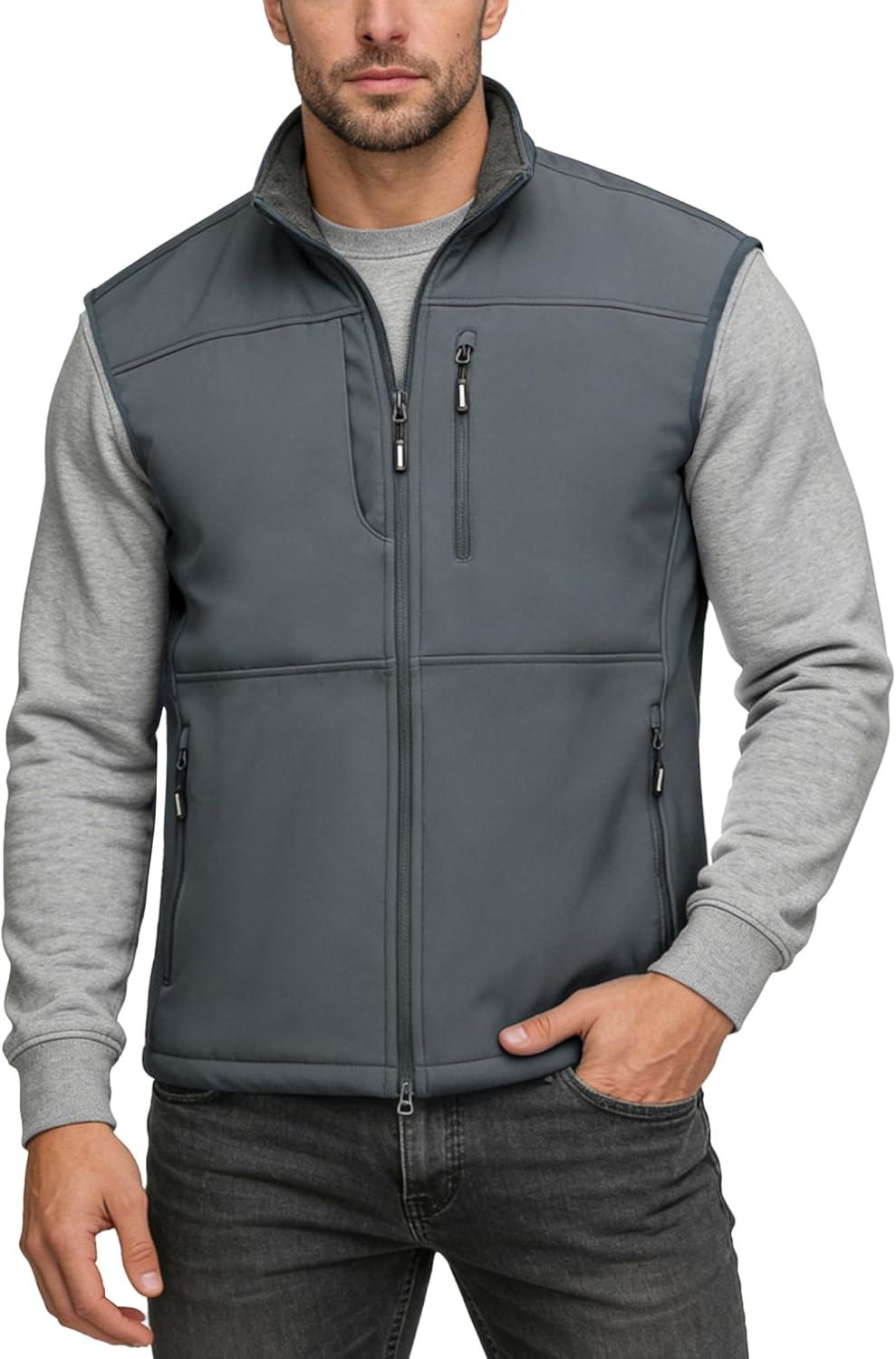 Outdoor Ventures Men’s Running Vest Outerwear, Lightweight Windproof Fleece-Lined Softshell Sleeveless Jacket for Golf(Cool Grey-7 Pockets)