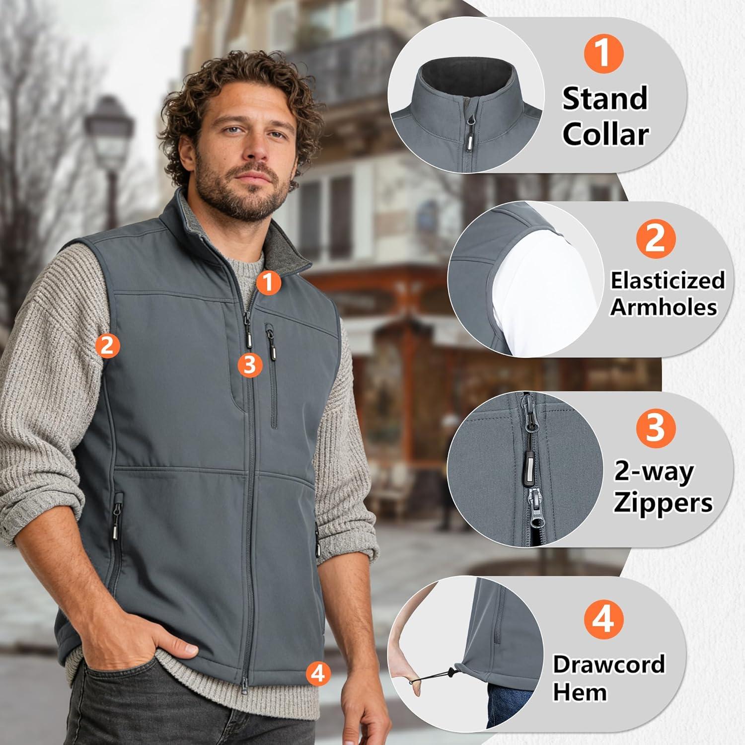 Outdoor Ventures Men’s Running Vest Outerwear, Lightweight Windproof Fleece-Lined Softshell Sleeveless Jacket for Golf(Cool Grey-7 Pockets)