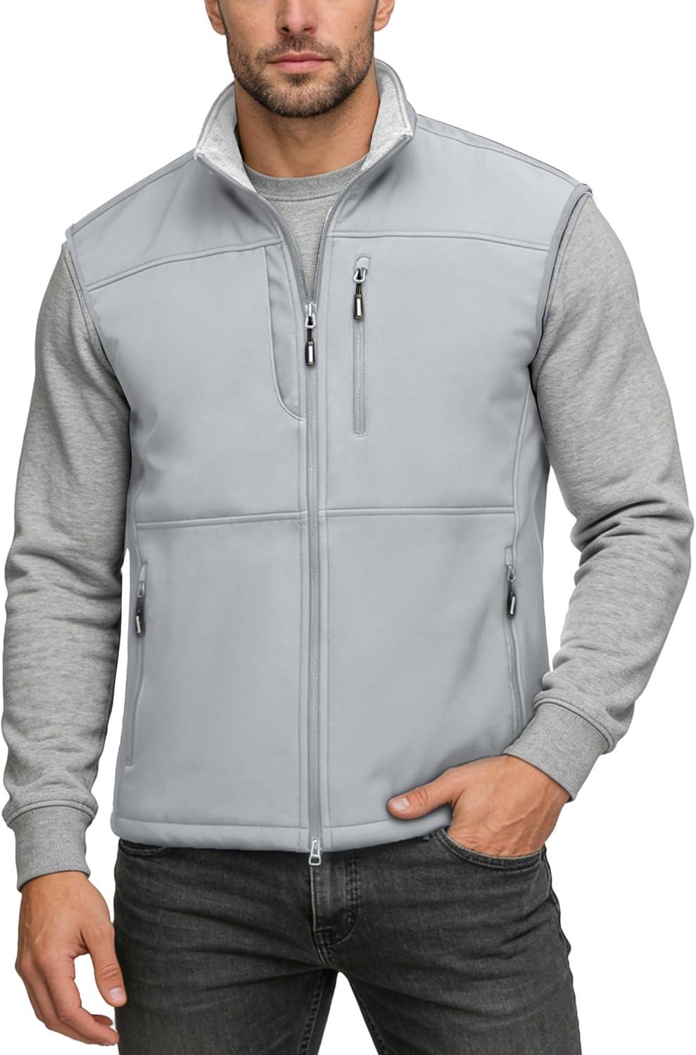 Outdoor Ventures Men’s Running Vest Outerwear, Lightweight Windproof Fleece-Lined Softshell Sleeveless Jacket for Golf(Silver Grey-7 Pockets)