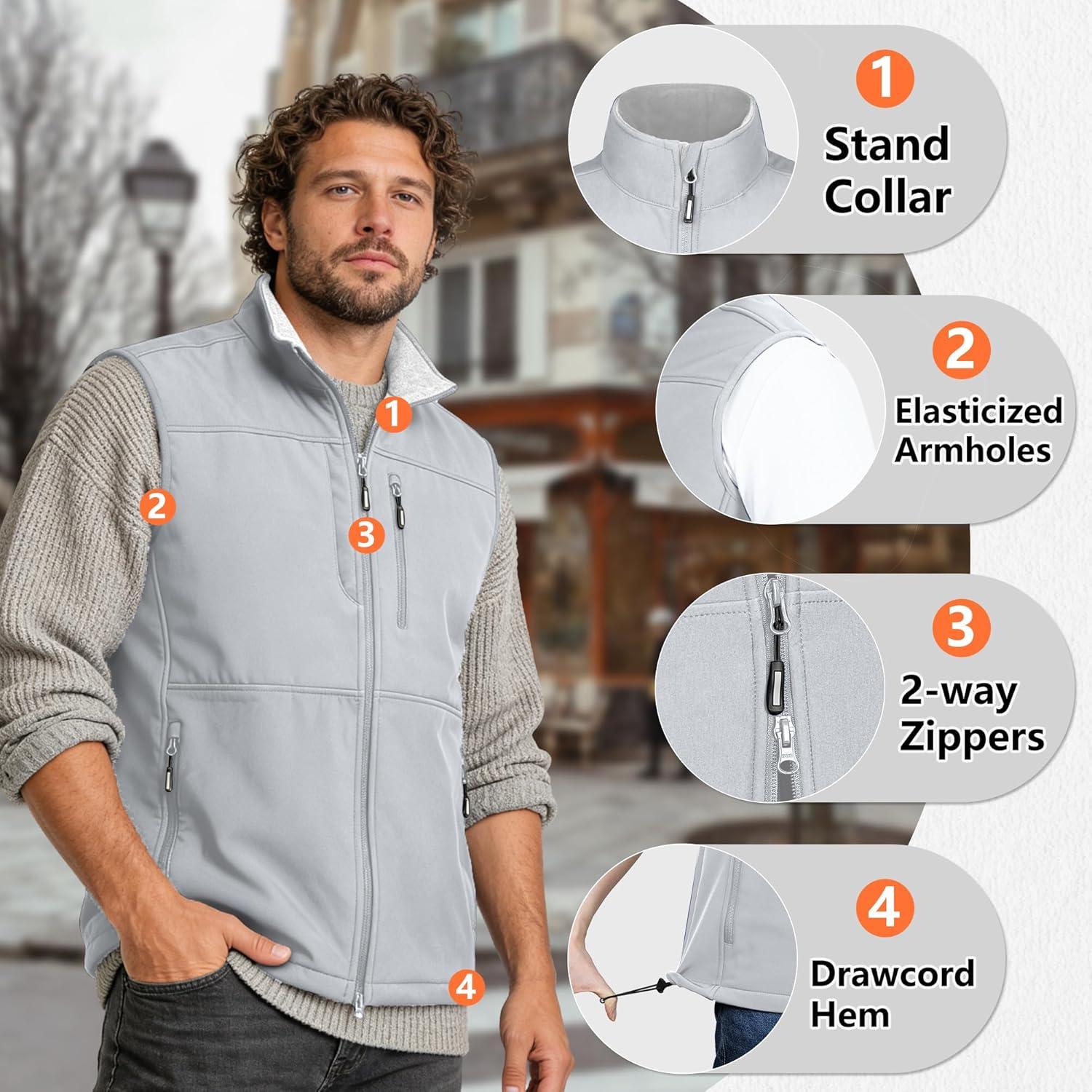 Outdoor Ventures Men’s Running Vest Outerwear, Lightweight Windproof Fleece-Lined Softshell Sleeveless Jacket for Golf(Silver Grey-7 Pockets)