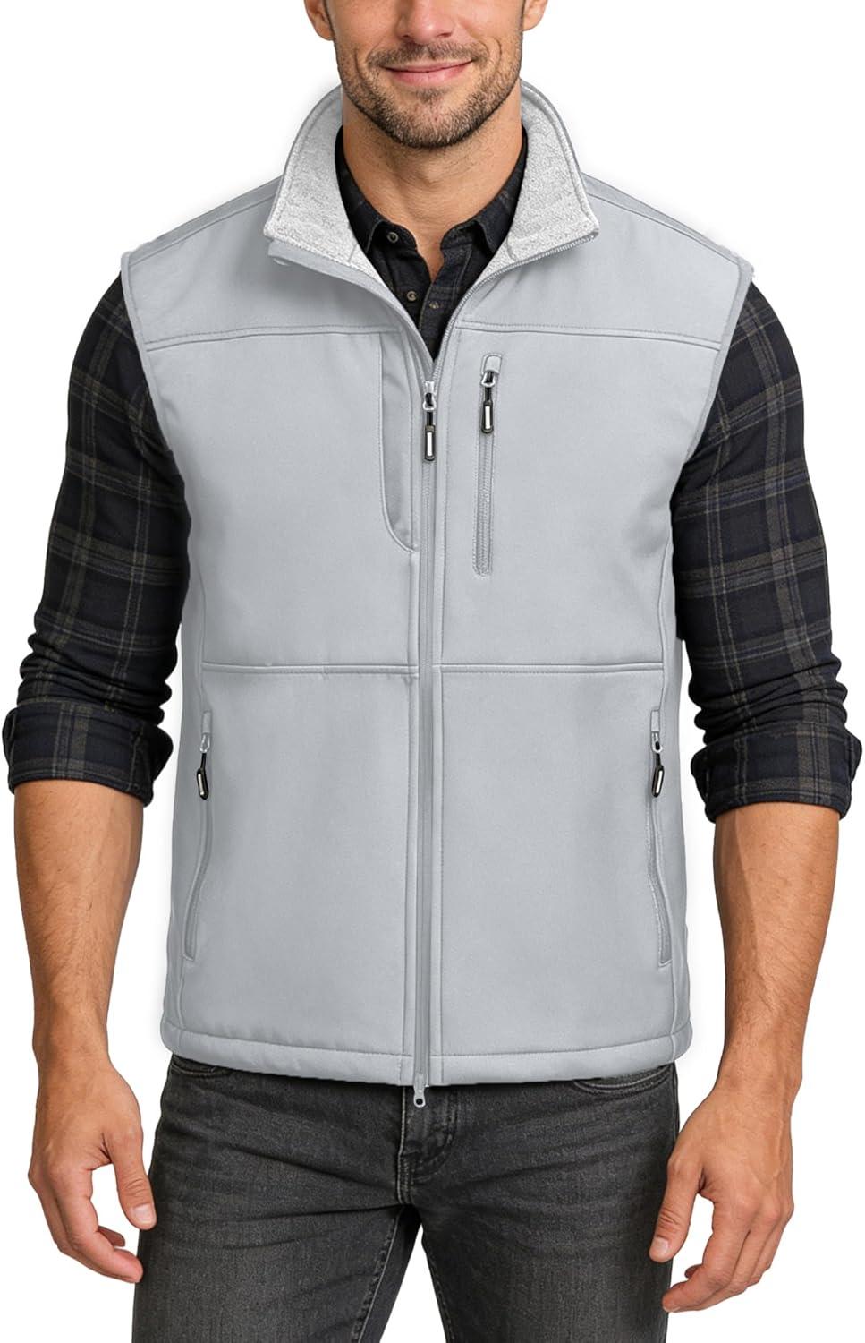 Outdoor Ventures Men’s Running Vest Outerwear, Lightweight Windproof Fleece-Lined Softshell Sleeveless Jacket for Golf(Silver Grey-7 Pockets)