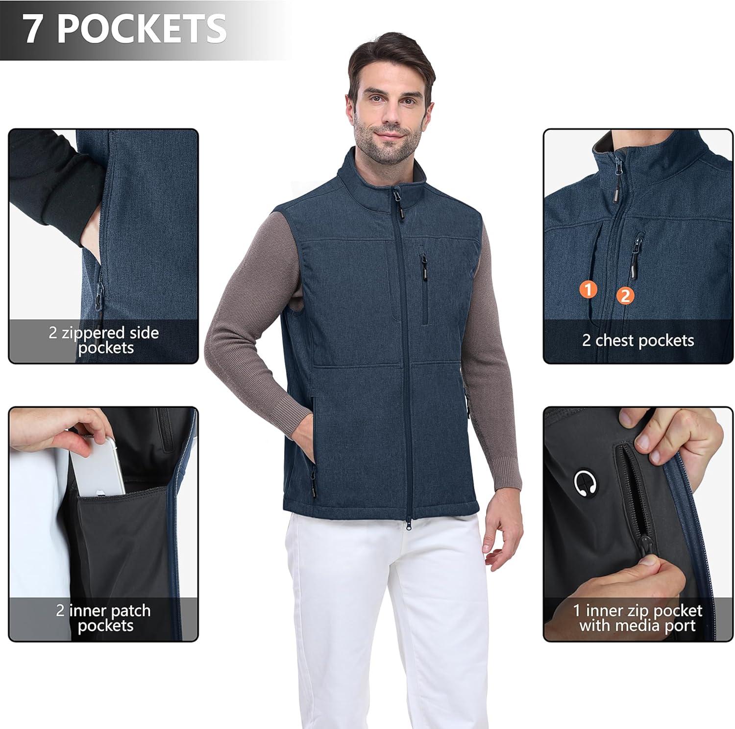 Outdoor Ventures Men’s Running Vest Outerwear, Lightweight Windproof Fleece-Lined Softshell Sleeveless Jacket for Golf(Navy Heather-7 Pockets)