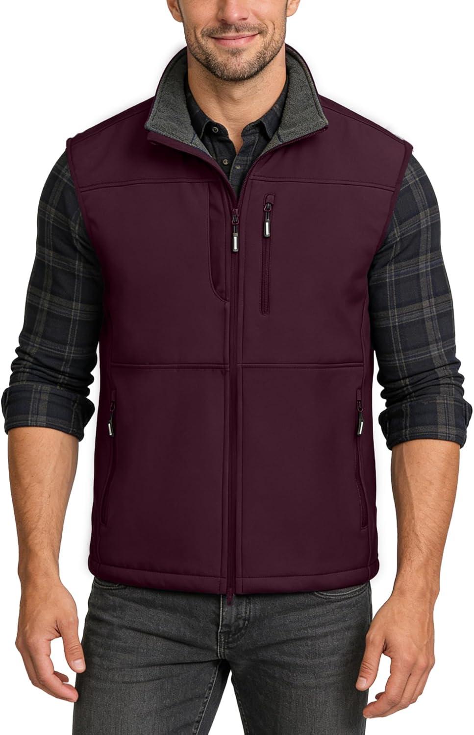 Outdoor Ventures Men’s Running Vest Outerwear, Lightweight Windproof Fleece-Lined Softshell Sleeveless Jacket for Golf(Burgundy-7 Pockets)