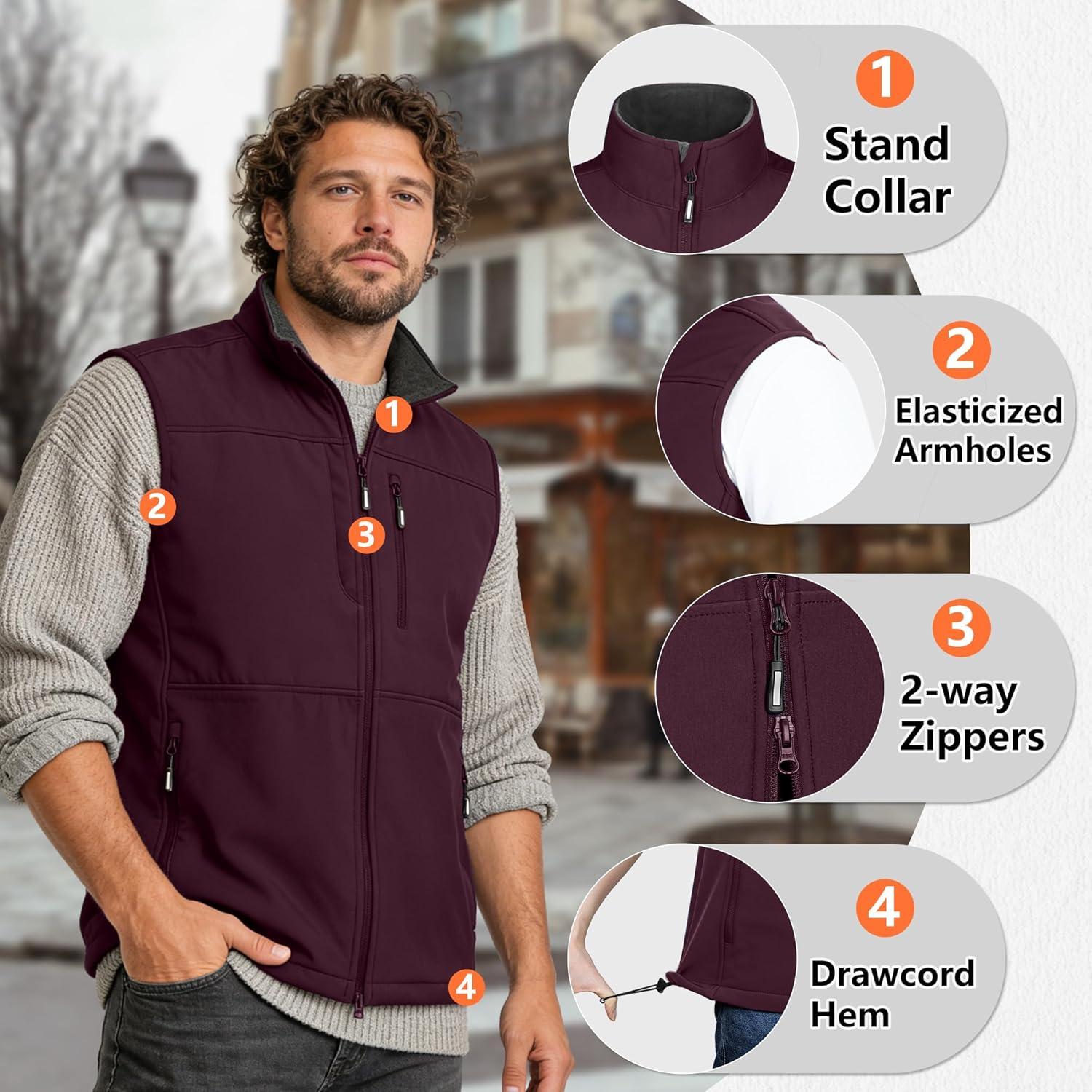 Outdoor Ventures Men’s Running Vest Outerwear, Lightweight Windproof Fleece-Lined Softshell Sleeveless Jacket for Golf(Burgundy-7 Pockets)
