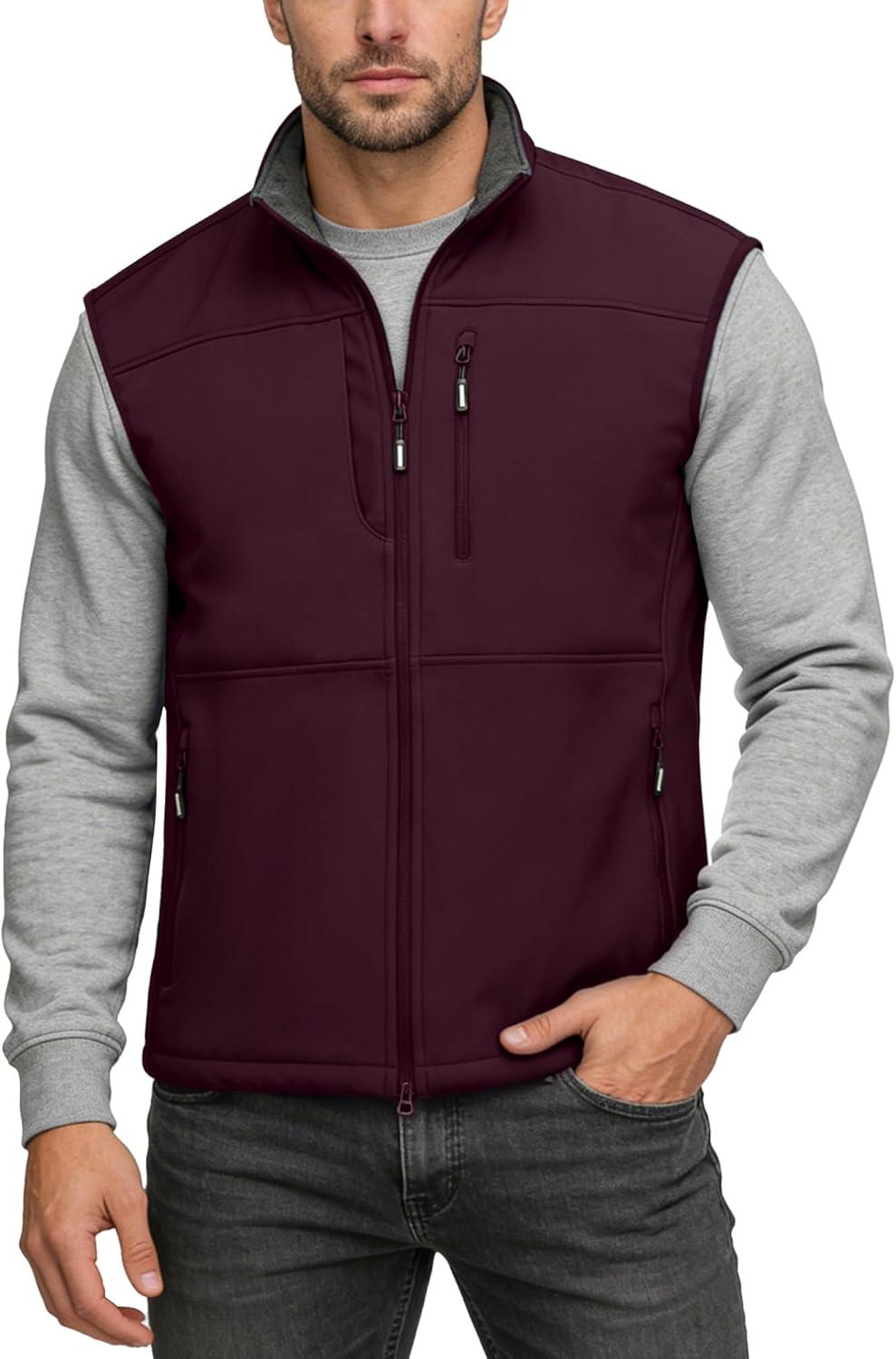 Outdoor Ventures Men’s Running Vest Outerwear, Lightweight Windproof Fleece-Lined Softshell Sleeveless Jacket for Golf(Burgundy-7 Pockets)