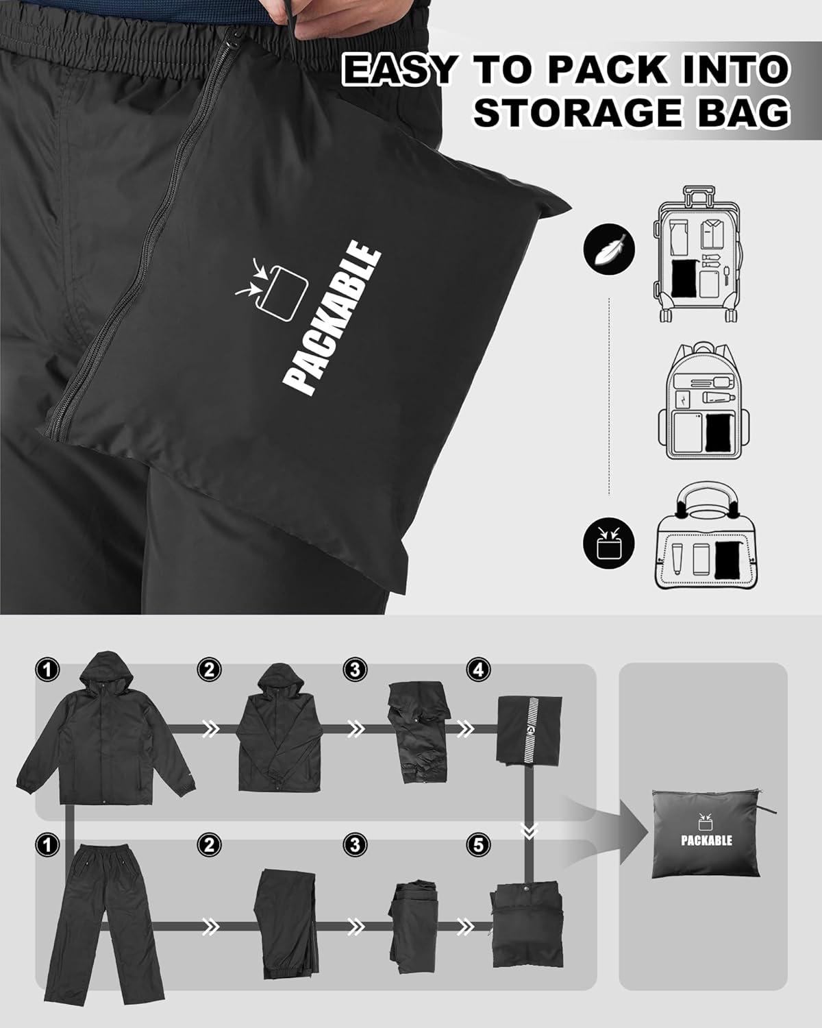 Outdoor Ventures Packable Rain Suit for Men Lightweight Waterproof Breathable Rain Gear for golf Rain Jacket Pants(Black)
