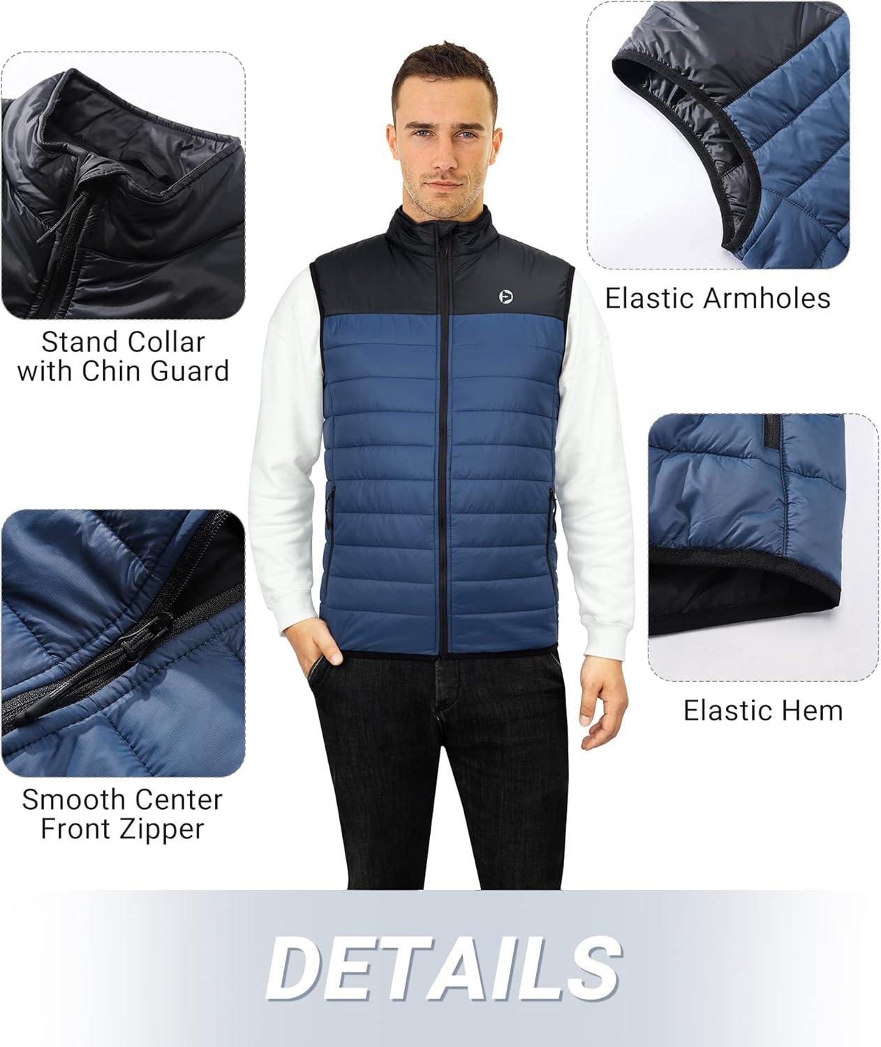 Outdoor Ventures Men’s Lightweight Puffer Vest Outerwear Warm Quilted Sleeveless Packable Winter Jacket for Hiking Running(Black/Blue)