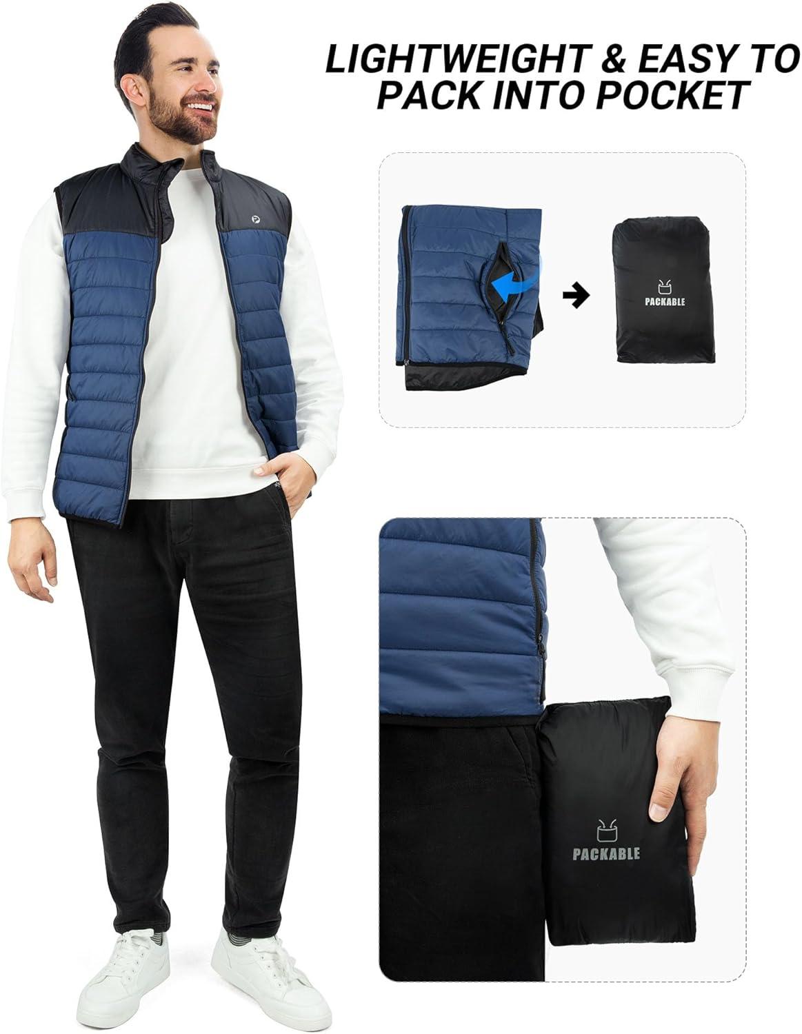 Outdoor Ventures Men’s Lightweight Puffer Vest Outerwear Warm Quilted Sleeveless Packable Winter Jacket for Hiking Running(Black/Blue)