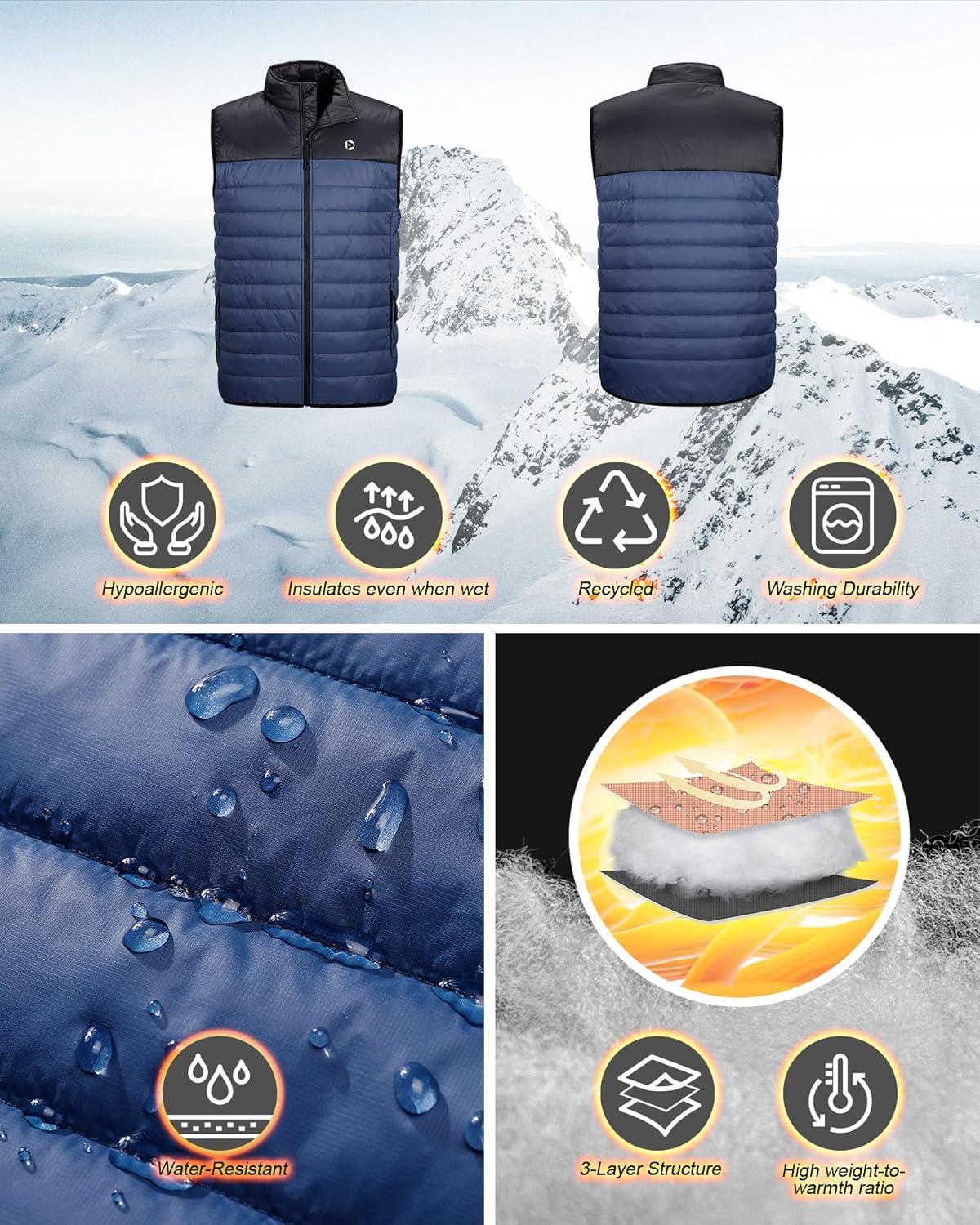 Outdoor Ventures Men’s Lightweight Puffer Vest Outerwear Warm Quilted Sleeveless Packable Winter Jacket for Hiking Running(Black/Blue)