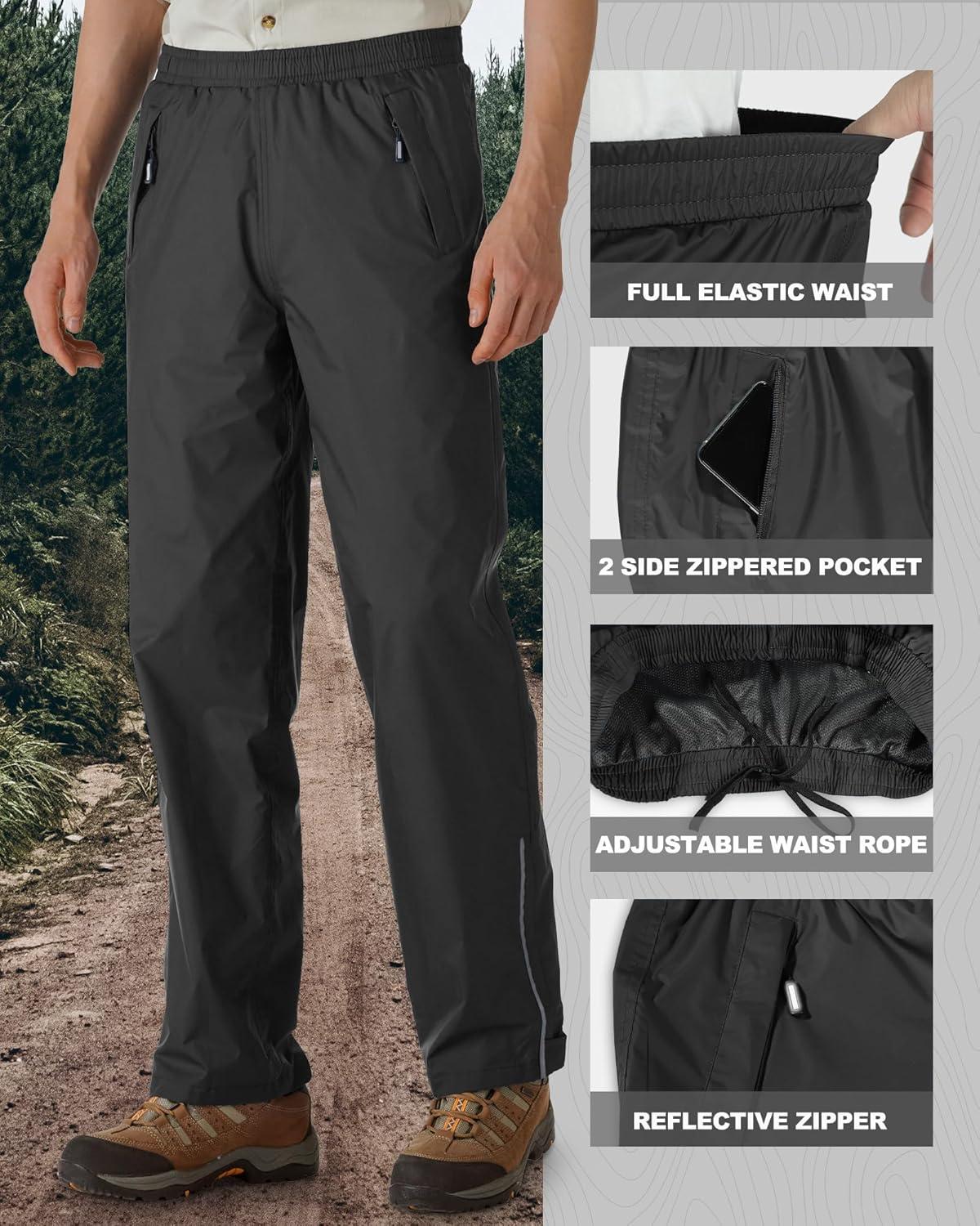 Outdoor Ventures Men’s Rain Pants Waterproof Rain Overall Pants Windproof Packable Rain Outdoor Pants for Hiking Fishig Golf(Black)