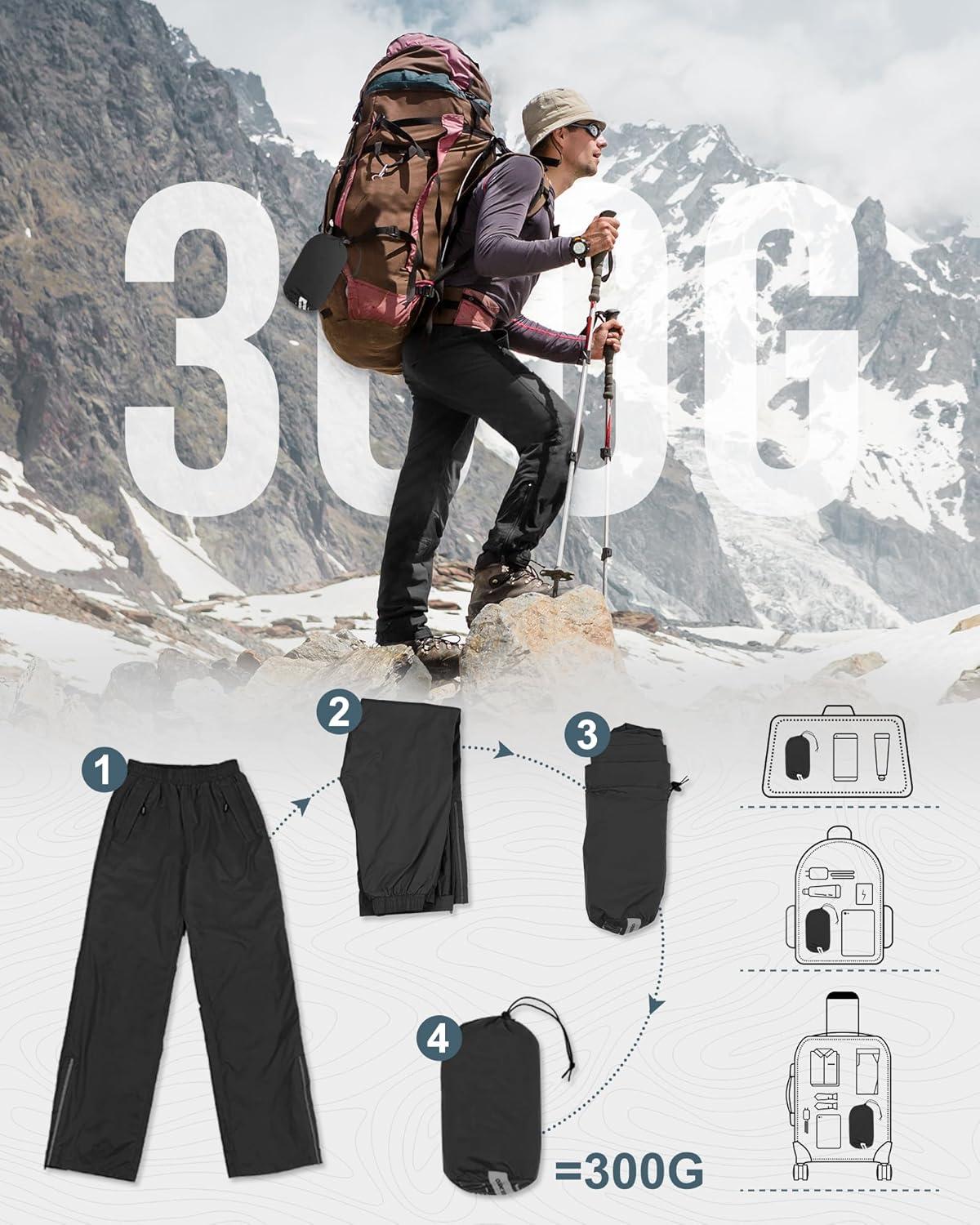 Outdoor Ventures Men’s Rain Pants Waterproof Rain Overall Pants Windproof Packable Rain Outdoor Pants for Hiking Fishig Golf(Black)