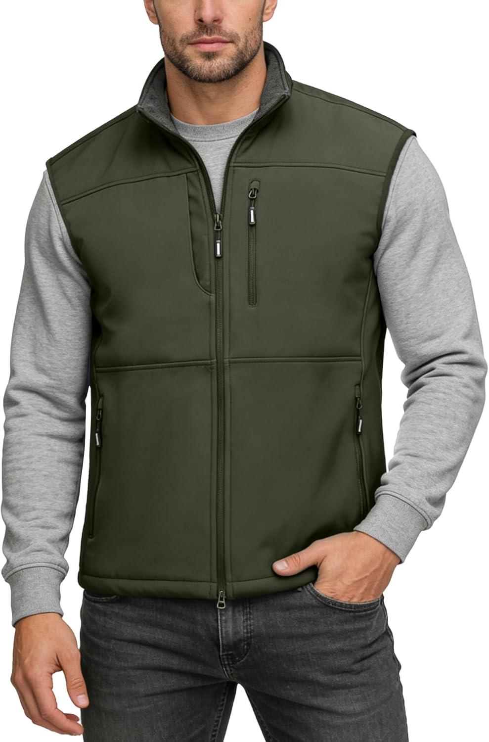 Outdoor Ventures Men’s Running Vest Outerwear, Lightweight Windproof Fleece-Lined Softshell Sleeveless Jacket for Golf(Army Green-7 Pockets)
