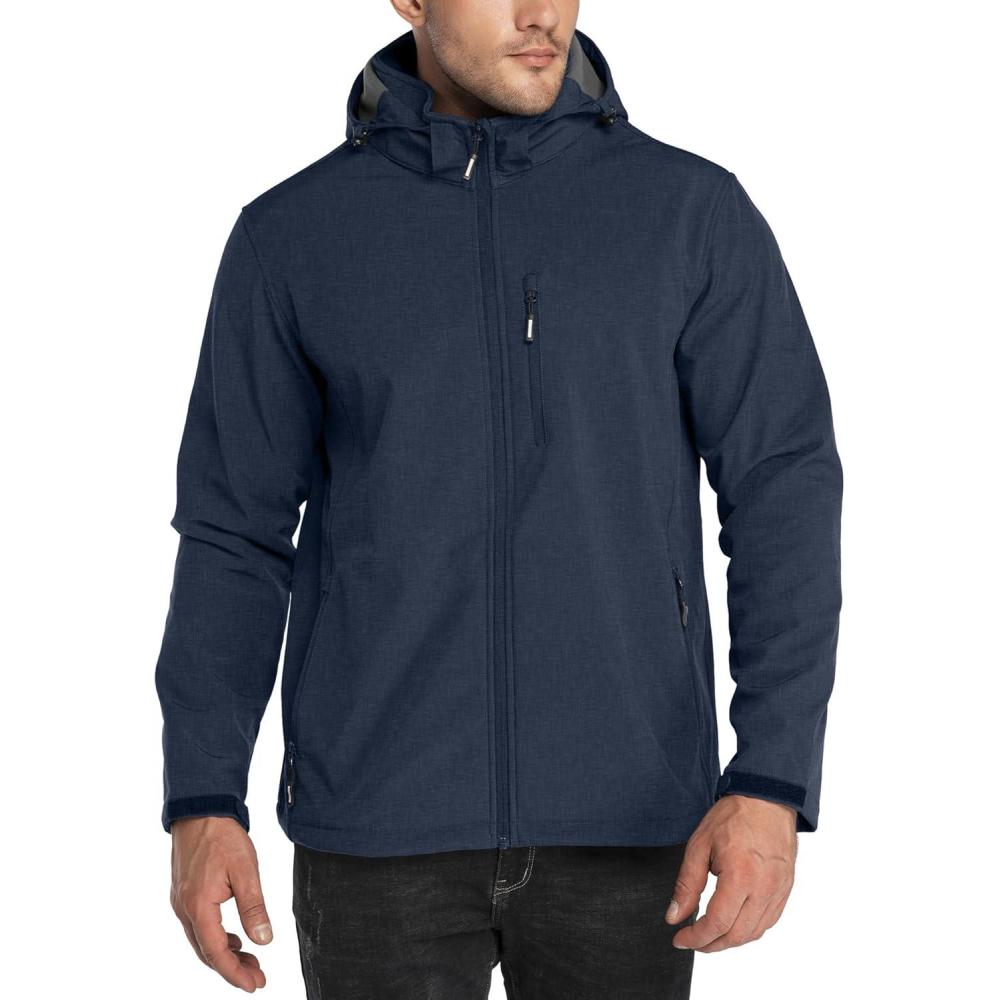 Outdoor Ventures Men’s Lightweight Softshell Jacket Fleece Lined Hooded Water Resistant Winter Hiking Windbreaker Jackets(Midnight Blue Heather-removable Hood)