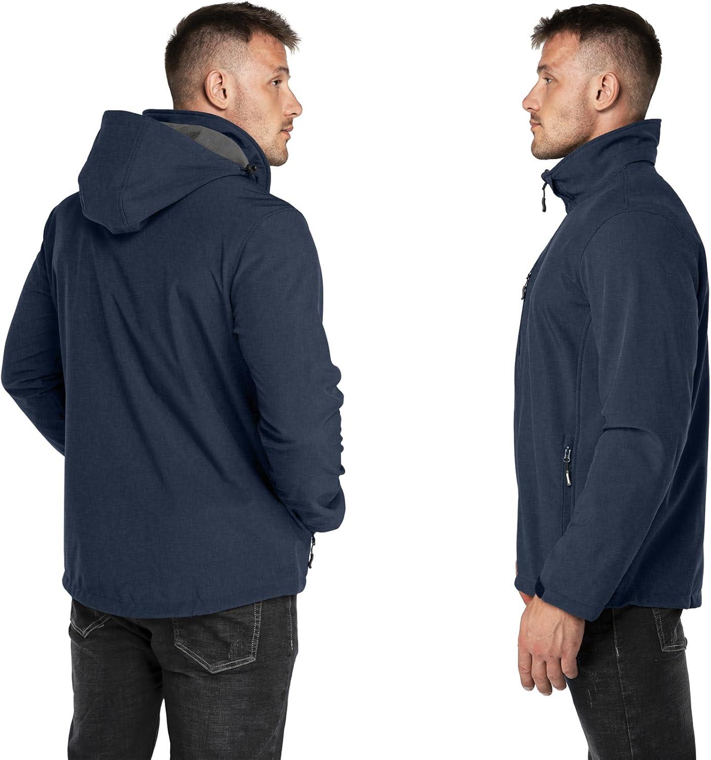 Outdoor Ventures Men’s Lightweight Softshell Jacket Fleece Lined Hooded Water Resistant Winter Hiking Windbreaker Jackets(Midnight Blue Heather-removable Hood)