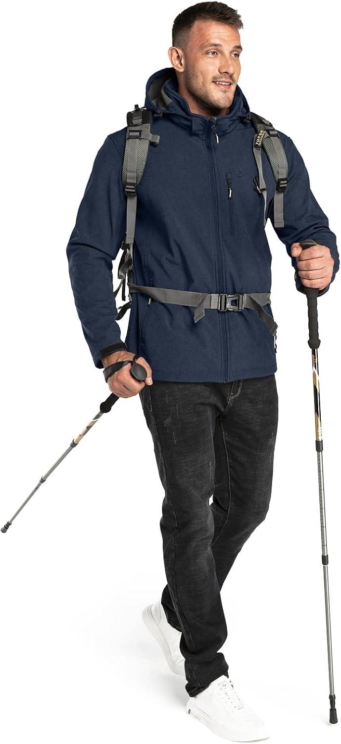 Outdoor Ventures Men’s Lightweight Softshell Jacket Fleece Lined Hooded Water Resistant Winter Hiking Windbreaker Jackets(Midnight Blue Heather-removable Hood)