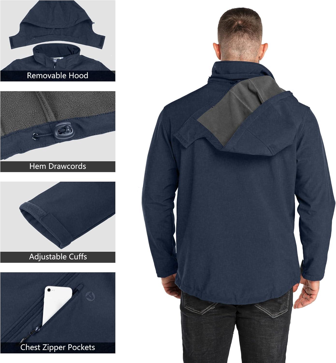 Outdoor Ventures Men’s Lightweight Softshell Jacket Fleece Lined Hooded Water Resistant Winter Hiking Windbreaker Jackets(Midnight Blue Heather-removable Hood)