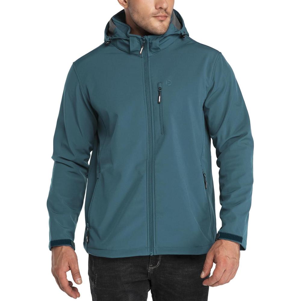 Outdoor Ventures Men’s Lightweight Softshell Jacket Fleece Lined Hooded Water Resistant Winter Hiking Windbreaker Jackets(Cadet Blue-removable Hood)
