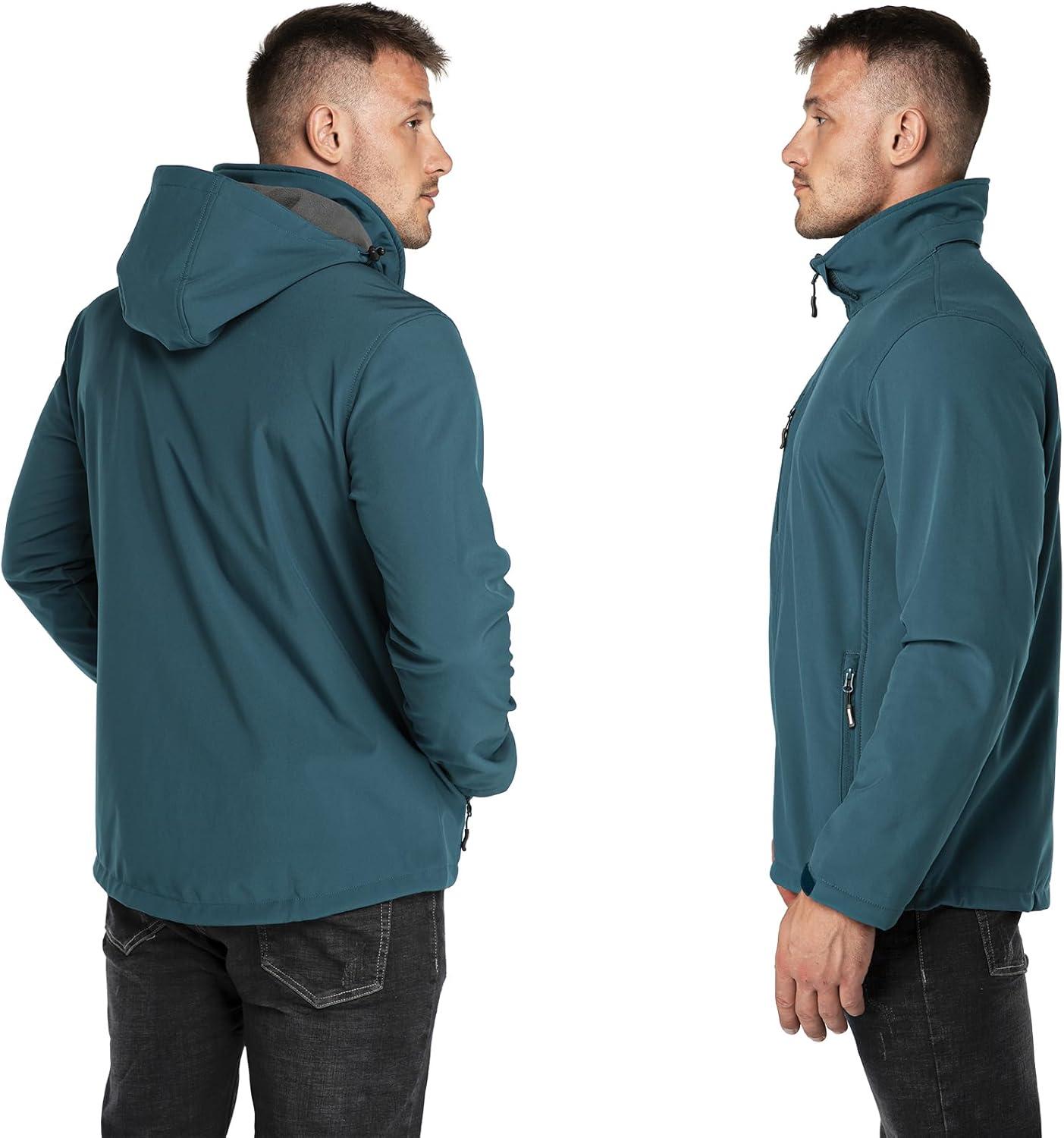 Outdoor Ventures Men’s Lightweight Softshell Jacket Fleece Lined Hooded Water Resistant Winter Hiking Windbreaker Jackets(Cadet Blue-removable Hood)
