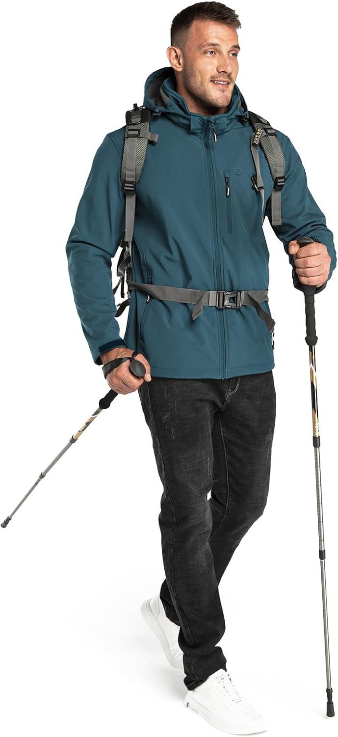 Outdoor Ventures Men’s Lightweight Softshell Jacket Fleece Lined Hooded Water Resistant Winter Hiking Windbreaker Jackets(Cadet Blue-removable Hood)