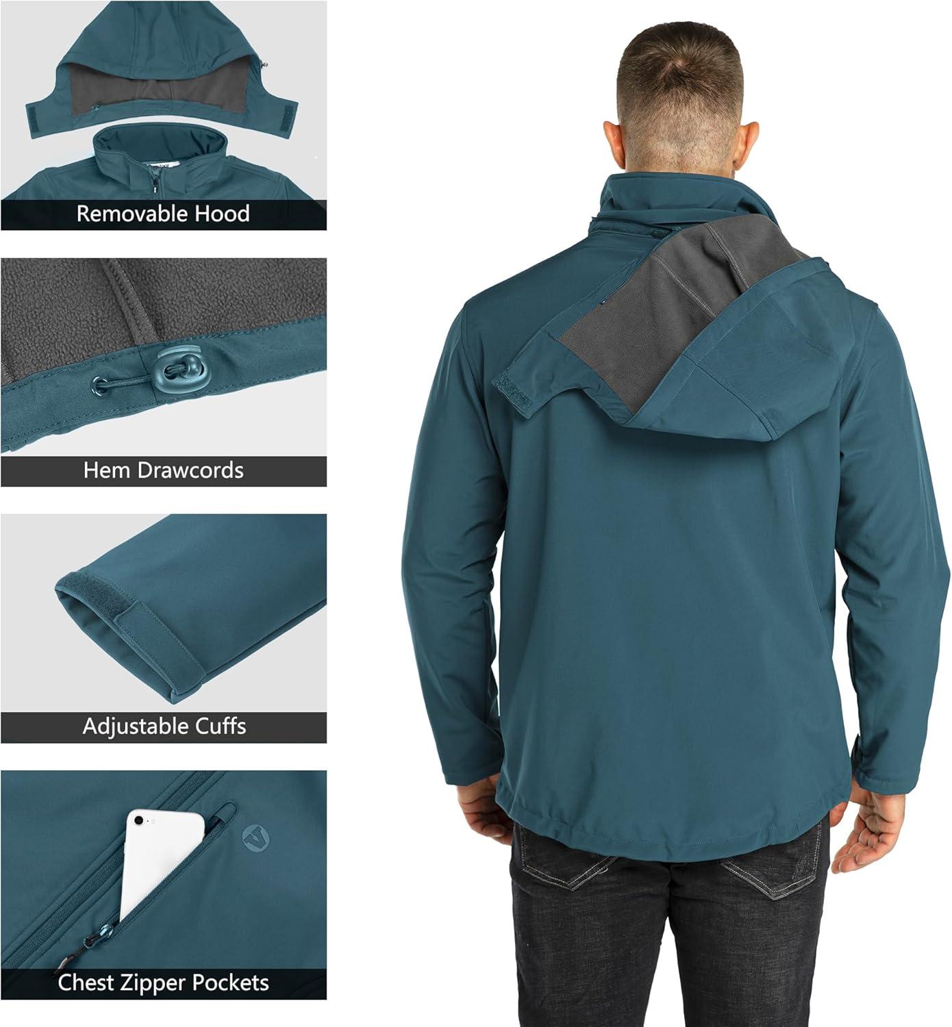 Outdoor Ventures Men’s Lightweight Softshell Jacket Fleece Lined Hooded Water Resistant Winter Hiking Windbreaker Jackets(Cadet Blue-removable Hood)