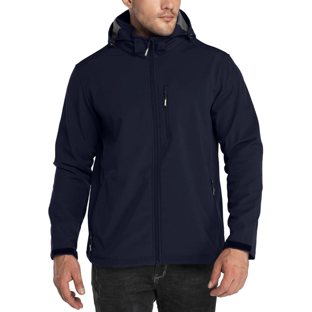 Outdoor Ventures Men’s Lightweight Softshell Jacket Fleece Lined Hooded Water Resistant Winter Hiking Windbreaker Jackets(Deep Blue-removable Hood)