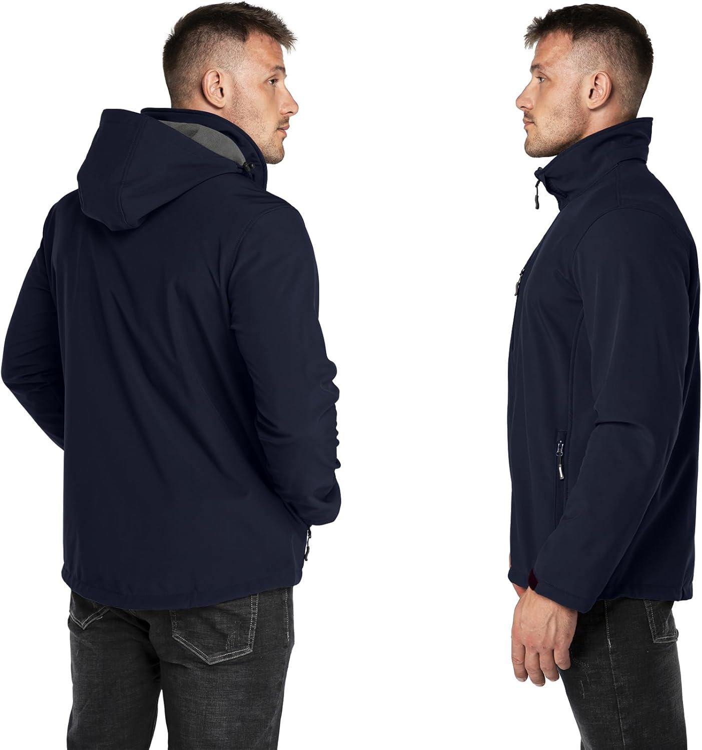 Outdoor Ventures Men’s Lightweight Softshell Jacket Fleece Lined Hooded Water Resistant Winter Hiking Windbreaker Jackets(Deep Blue-removable Hood)