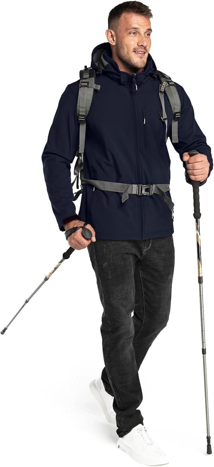 Outdoor Ventures Men’s Lightweight Softshell Jacket Fleece Lined Hooded Water Resistant Winter Hiking Windbreaker Jackets(Deep Blue-removable Hood)