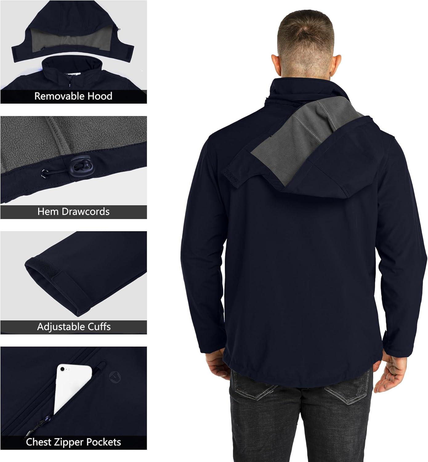 Outdoor Ventures Men’s Lightweight Softshell Jacket Fleece Lined Hooded Water Resistant Winter Hiking Windbreaker Jackets(Deep Blue-removable Hood)