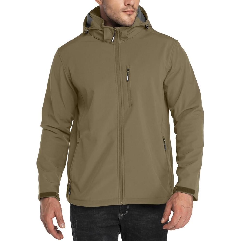 Outdoor Ventures Men’s Lightweight Softshell Jacket Fleece Lined Hooded Water Resistant Winter Hiking Windbreaker Jackets(Stone Green- Removable Hood)