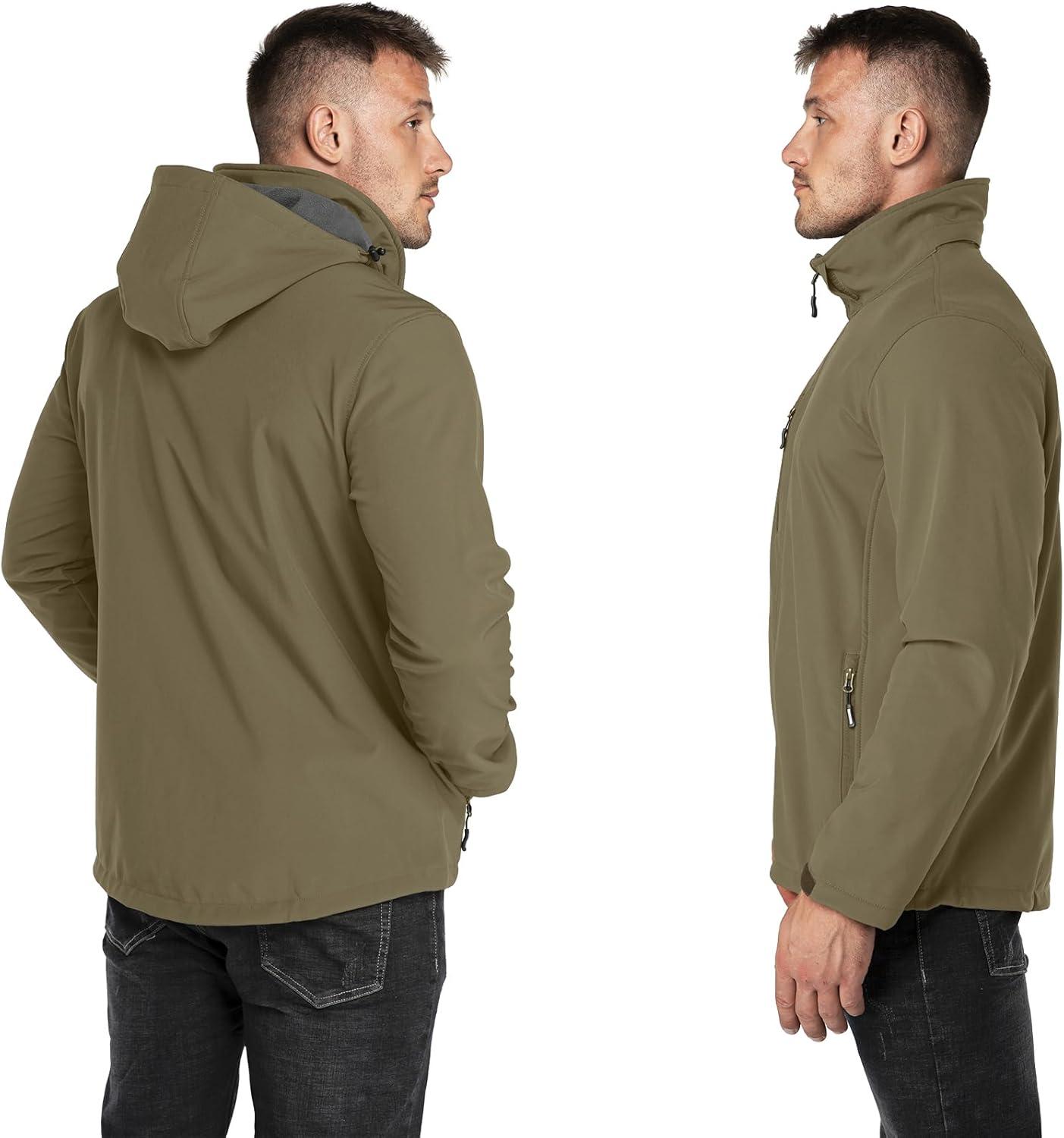 Outdoor Ventures Men’s Lightweight Softshell Jacket Fleece Lined Hooded Water Resistant Winter Hiking Windbreaker Jackets(Stone Green- Removable Hood)