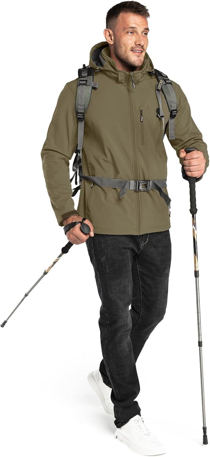 Outdoor Ventures Men’s Lightweight Softshell Jacket Fleece Lined Hooded Water Resistant Winter Hiking Windbreaker Jackets(Stone Green- Removable Hood)