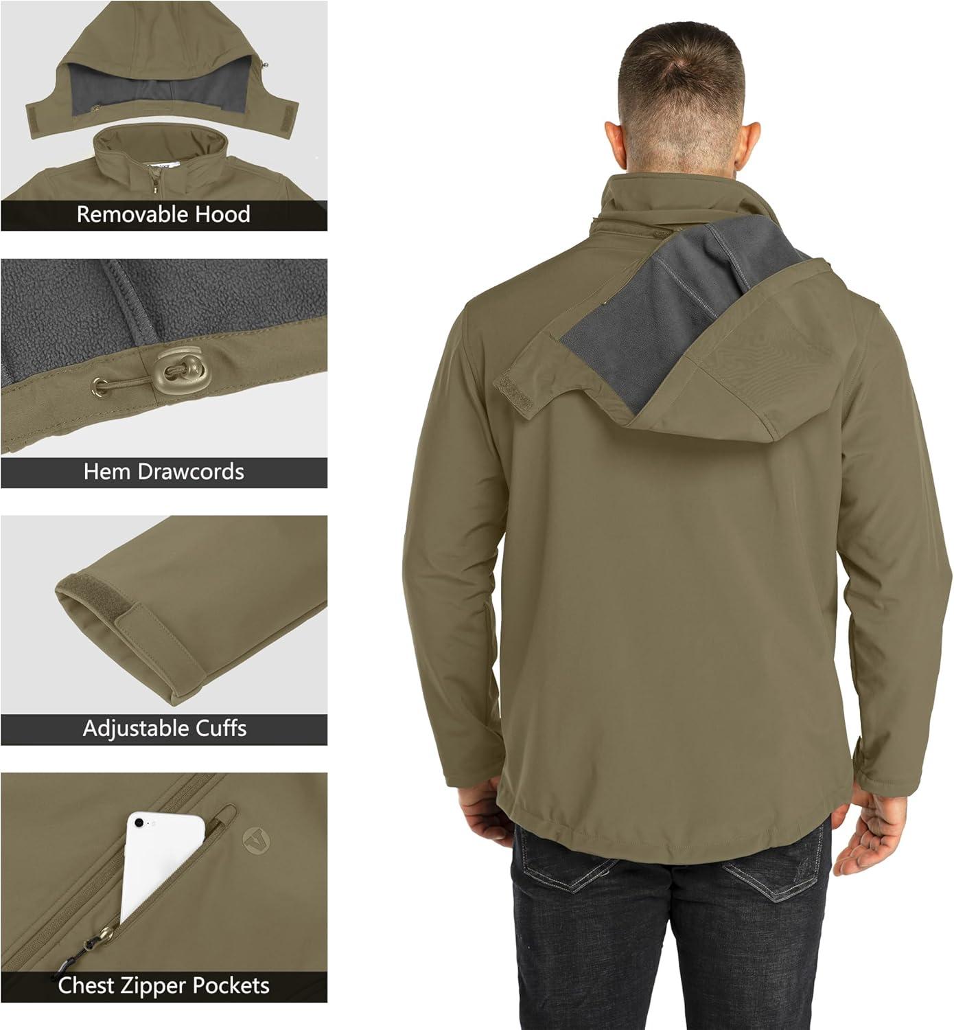 Outdoor Ventures Men’s Lightweight Softshell Jacket Fleece Lined Hooded Water Resistant Winter Hiking Windbreaker Jackets(Stone Green- Removable Hood)