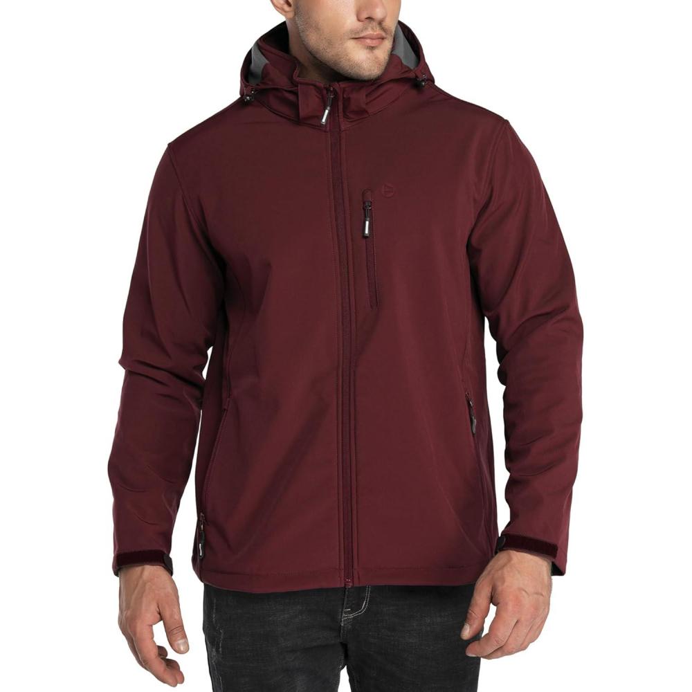 Outdoor Ventures Men’s Lightweight Softshell Jacket Fleece Lined Hooded Water Resistant Winter Hiking Windbreaker Jackets(Dark Red-removable Hood)