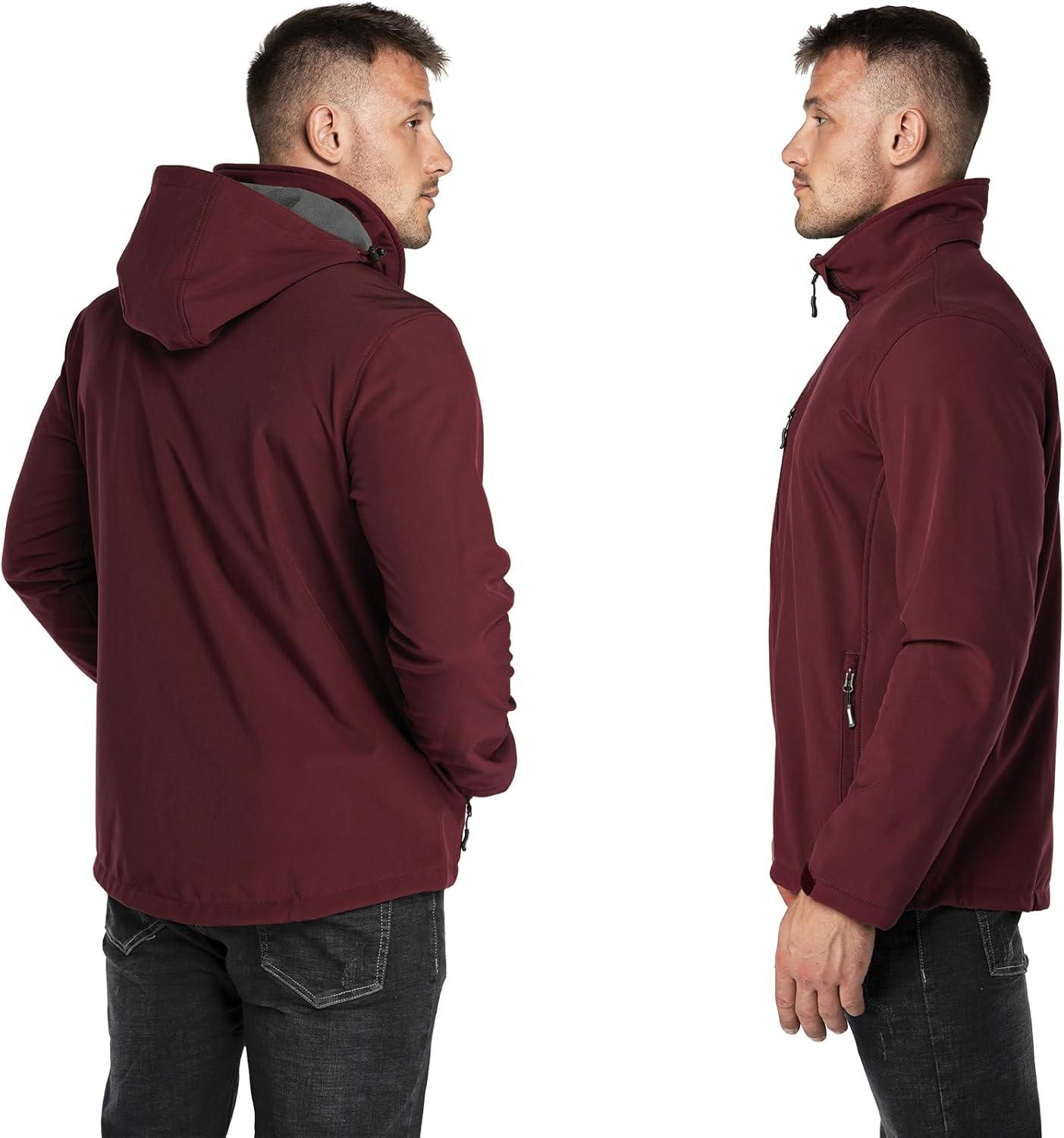 Outdoor Ventures Men’s Lightweight Softshell Jacket Fleece Lined Hooded Water Resistant Winter Hiking Windbreaker Jackets(Dark Red-removable Hood)