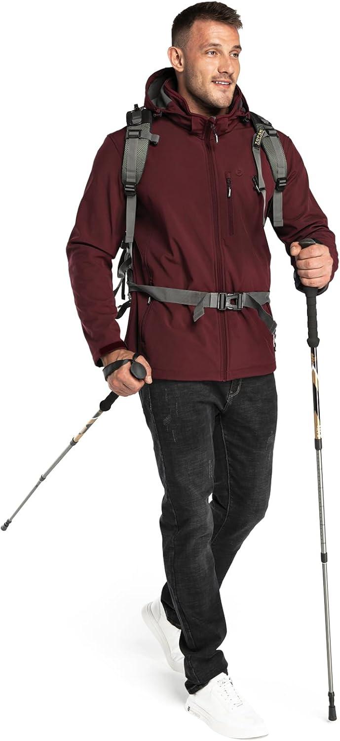 Outdoor Ventures Men’s Lightweight Softshell Jacket Fleece Lined Hooded Water Resistant Winter Hiking Windbreaker Jackets(Dark Red-removable Hood)
