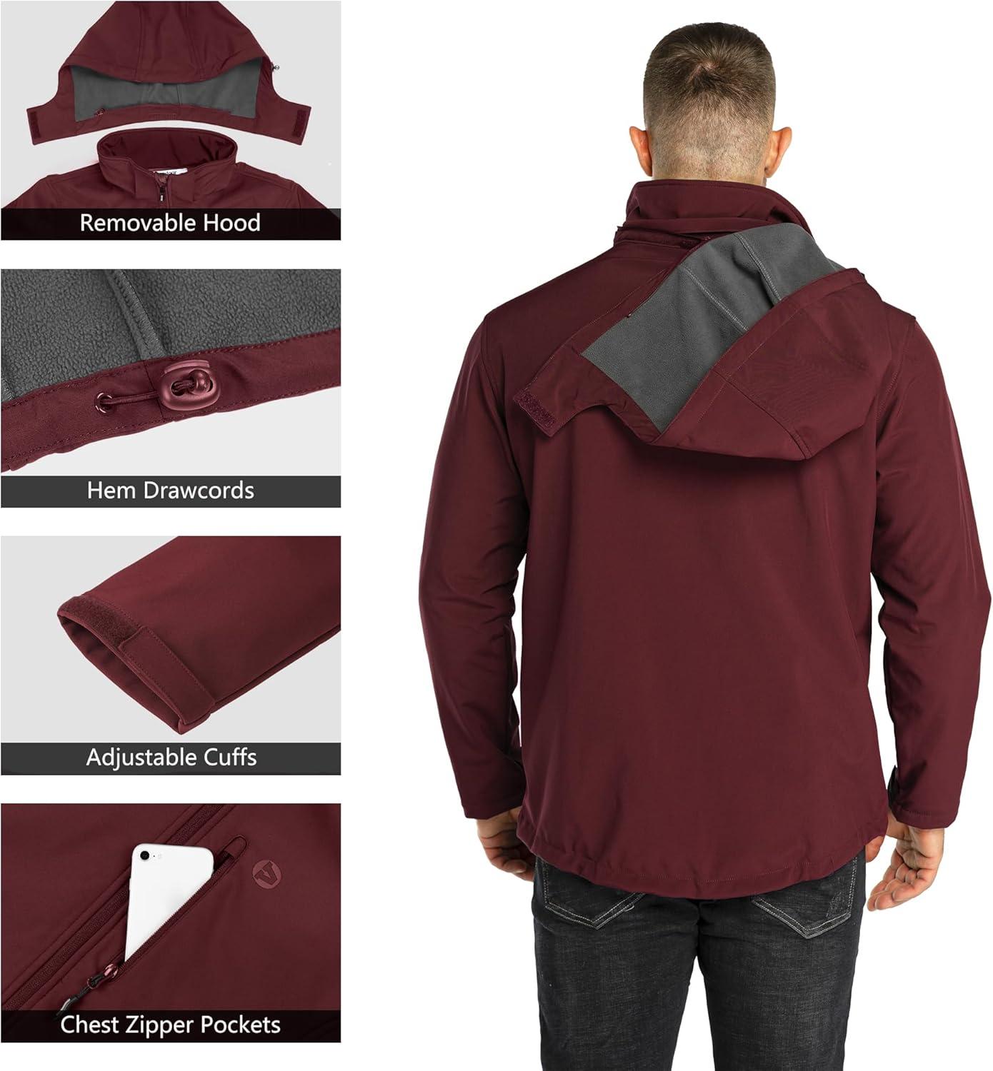 Outdoor Ventures Men’s Lightweight Softshell Jacket Fleece Lined Hooded Water Resistant Winter Hiking Windbreaker Jackets(Dark Red-removable Hood)