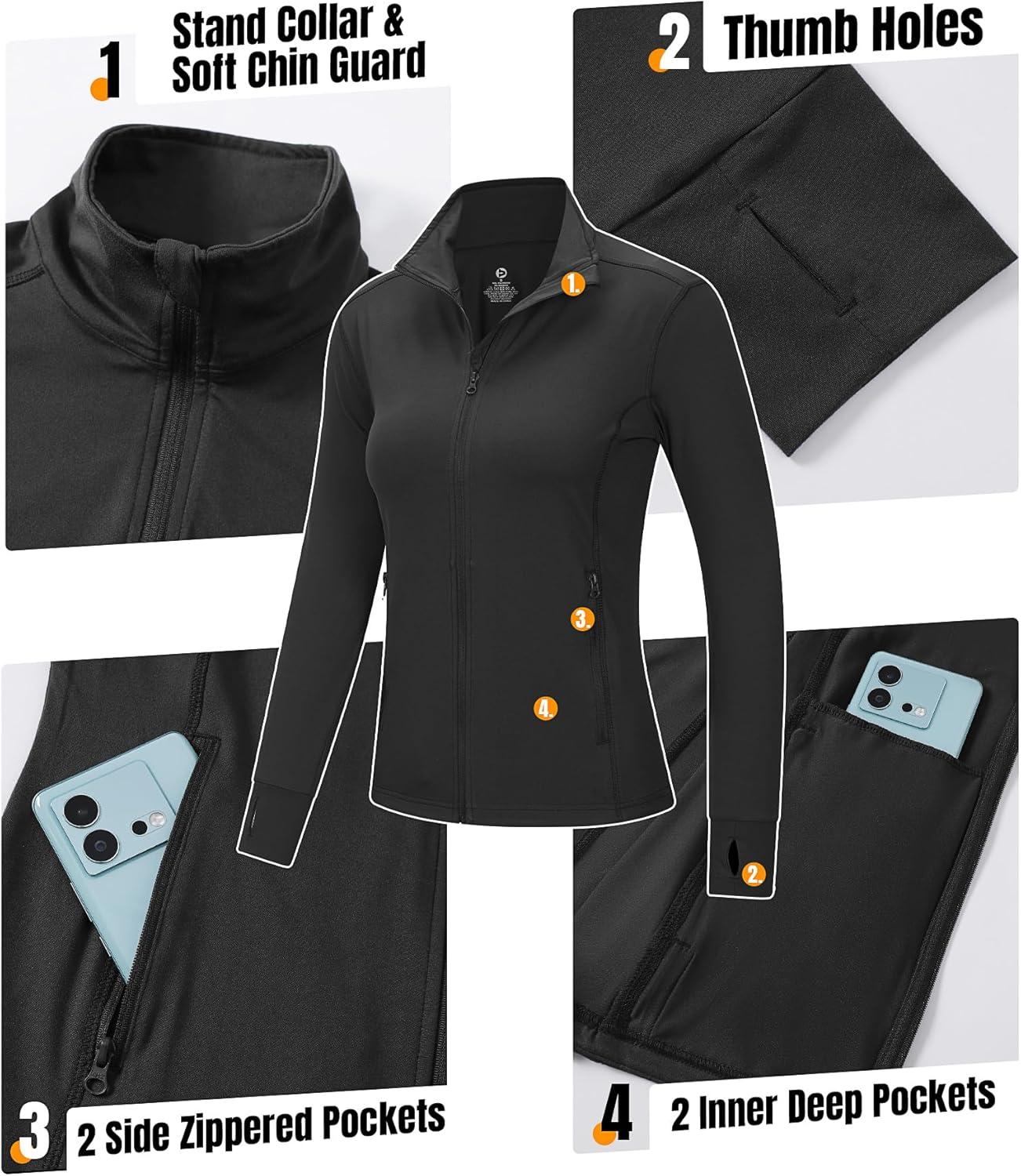 Outdoor Ventures Women’s Full Zip Up Athletic Jacket Lightweight Workout Running Jacket with Pockets for Hiking Yoga Gym(Black)