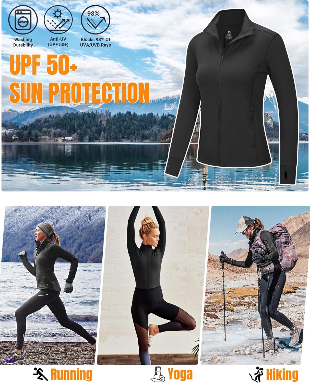 Outdoor Ventures Women’s Full Zip Up Athletic Jacket Lightweight Workout Running Jacket with Pockets for Hiking Yoga Gym(Black)