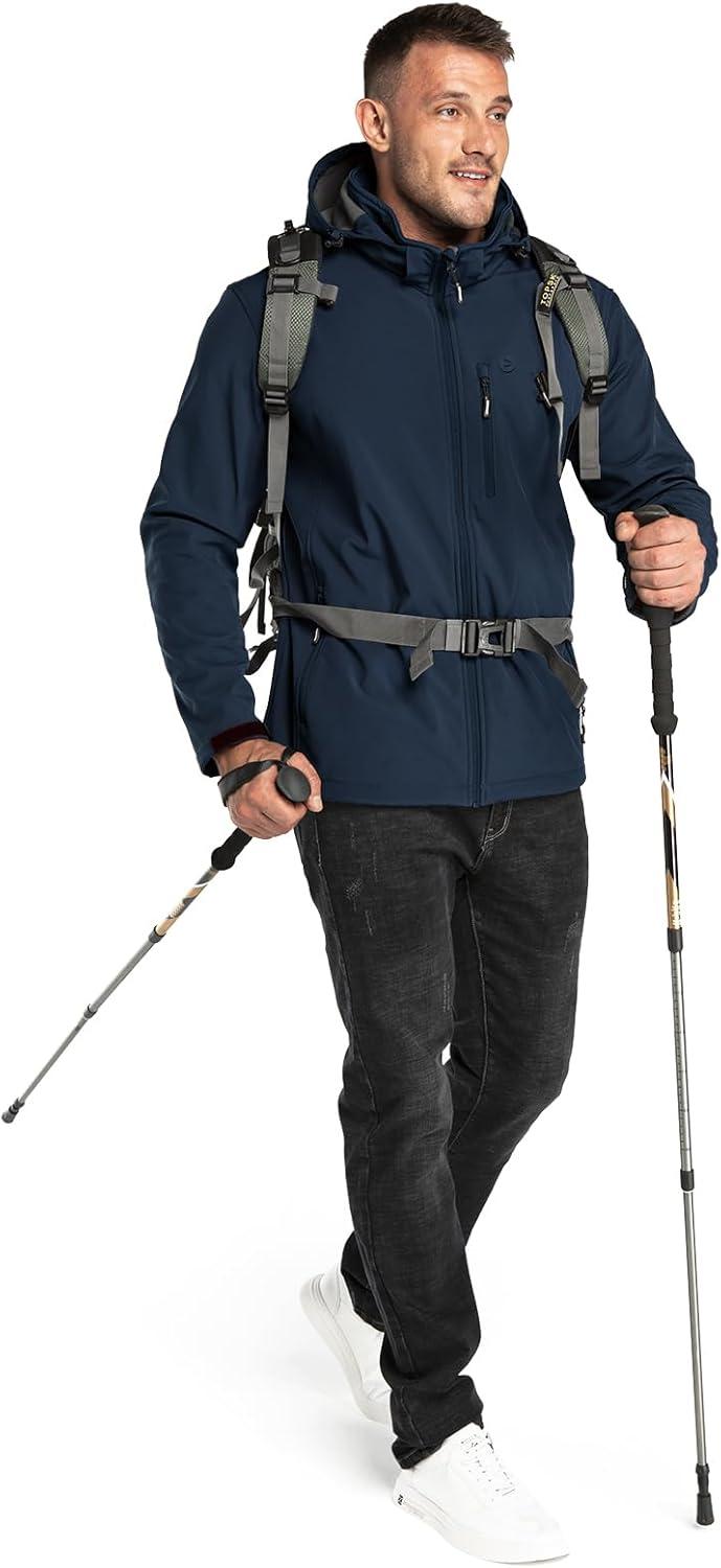 Outdoor Ventures Men’s Lightweight Softshell Jacket Fleece Lined Hooded Water Resistant Winter Hiking Windbreaker Jackets(Loyal Blue-removable Hood)