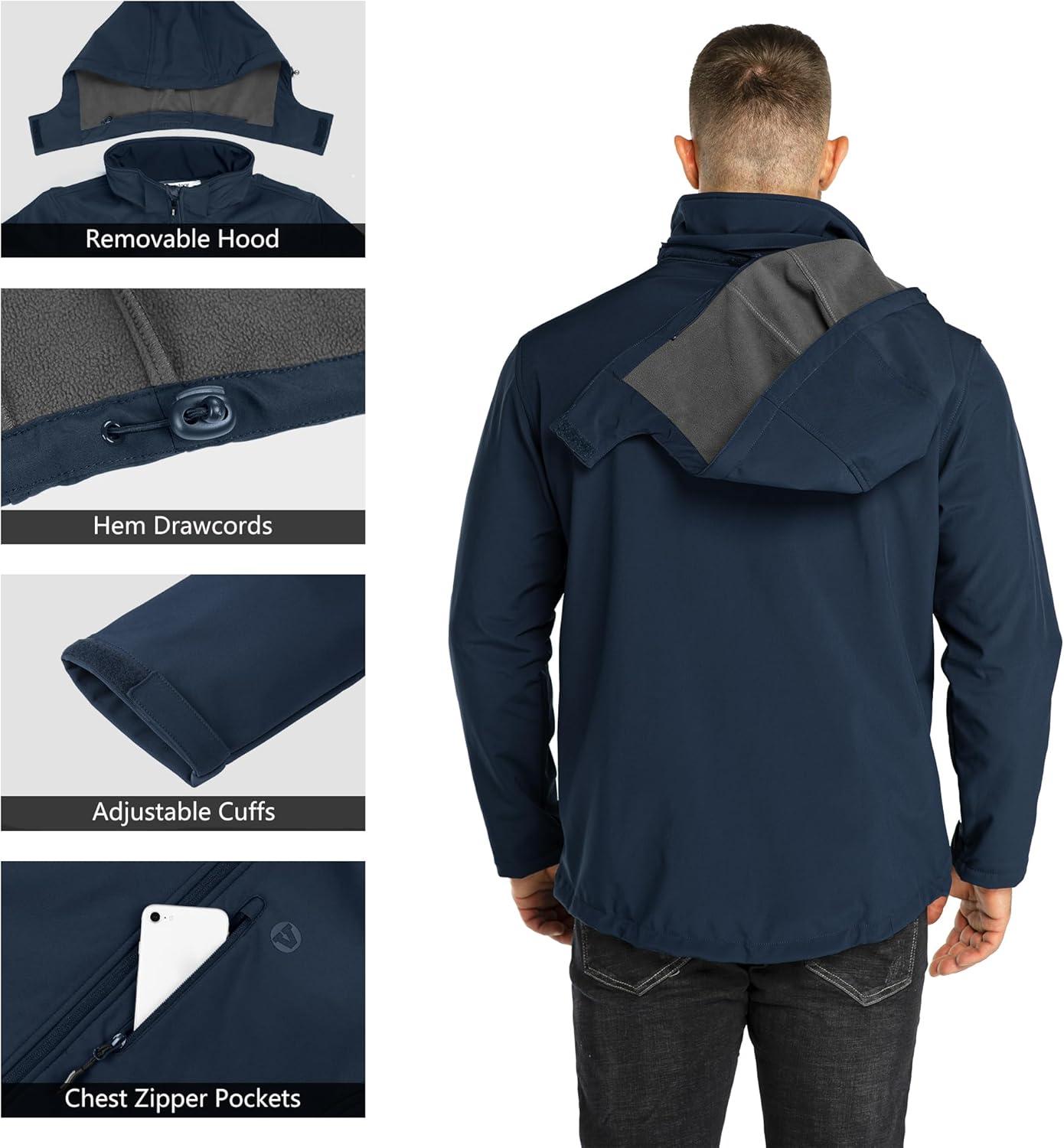 Outdoor Ventures Men’s Lightweight Softshell Jacket Fleece Lined Hooded Water Resistant Winter Hiking Windbreaker Jackets(Loyal Blue-removable Hood)