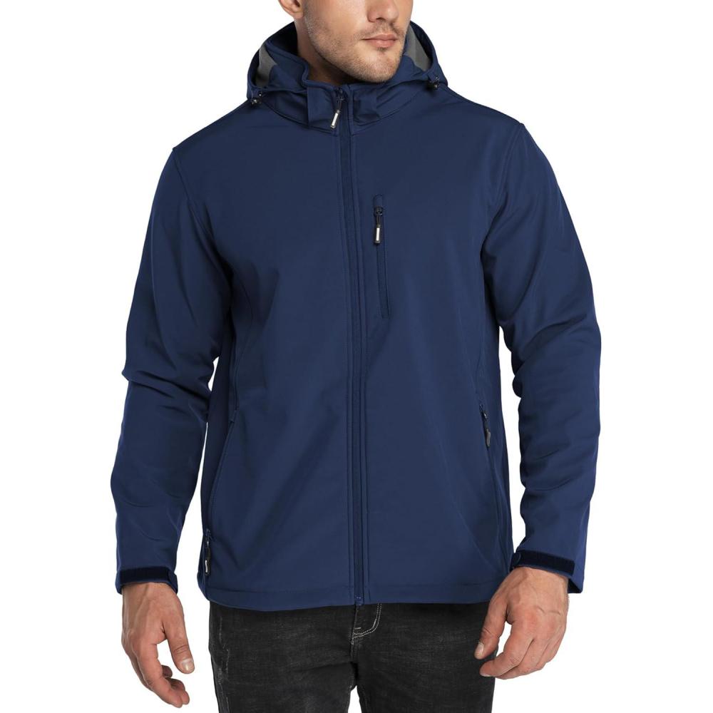 Outdoor Ventures Men’s Lightweight Softshell Jacket Fleece Lined Hooded Water Resistant Winter Hiking Windbreaker Jackets(Blue-removable Hood)