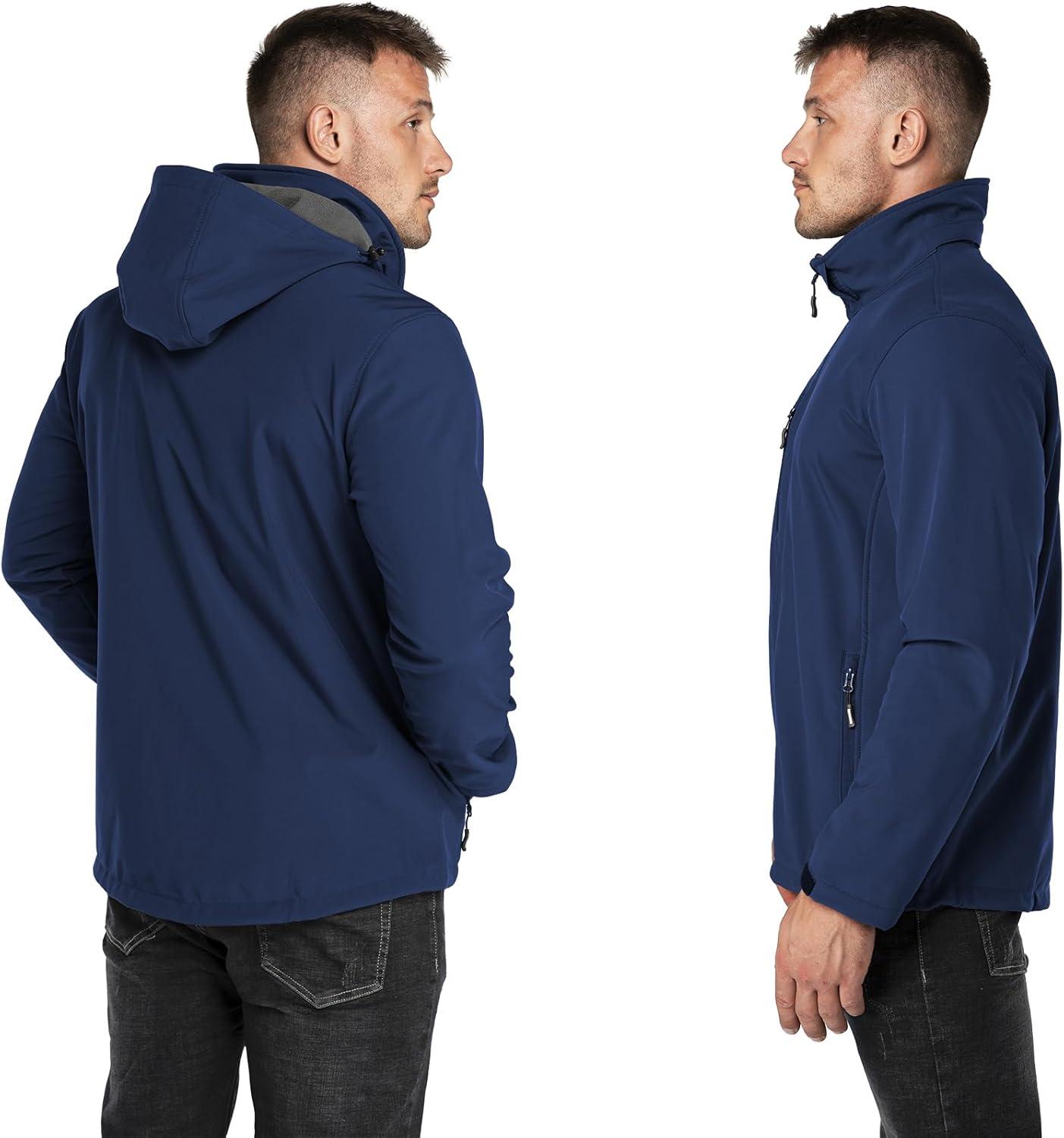 Outdoor Ventures Men’s Lightweight Softshell Jacket Fleece Lined Hooded Water Resistant Winter Hiking Windbreaker Jackets(Blue-removable Hood)