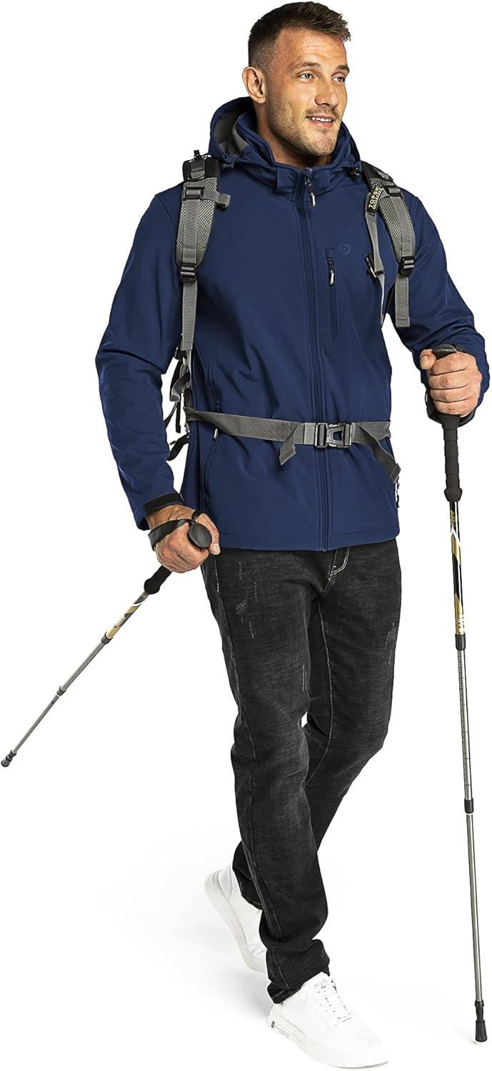 Outdoor Ventures Men’s Lightweight Softshell Jacket Fleece Lined Hooded Water Resistant Winter Hiking Windbreaker Jackets(Blue-removable Hood)