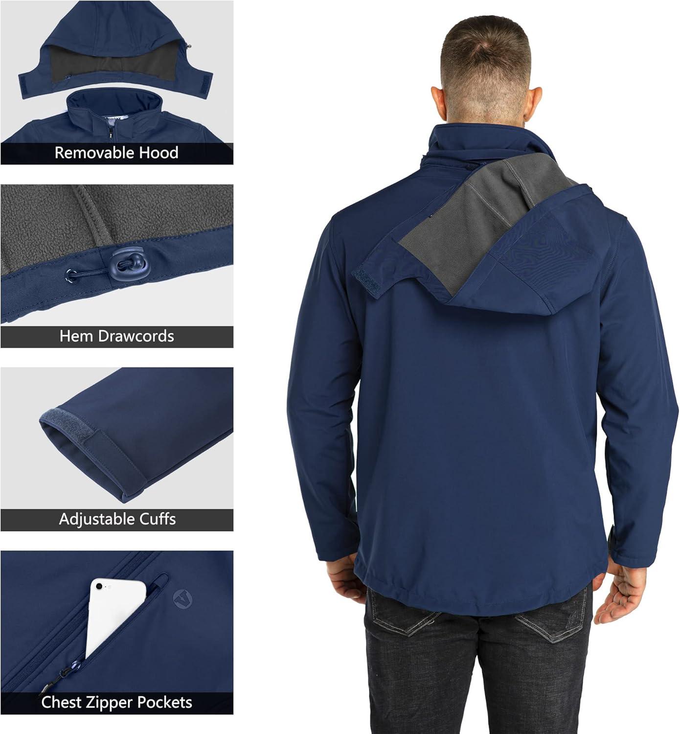 Outdoor Ventures Men’s Lightweight Softshell Jacket Fleece Lined Hooded Water Resistant Winter Hiking Windbreaker Jackets(Blue-removable Hood)
