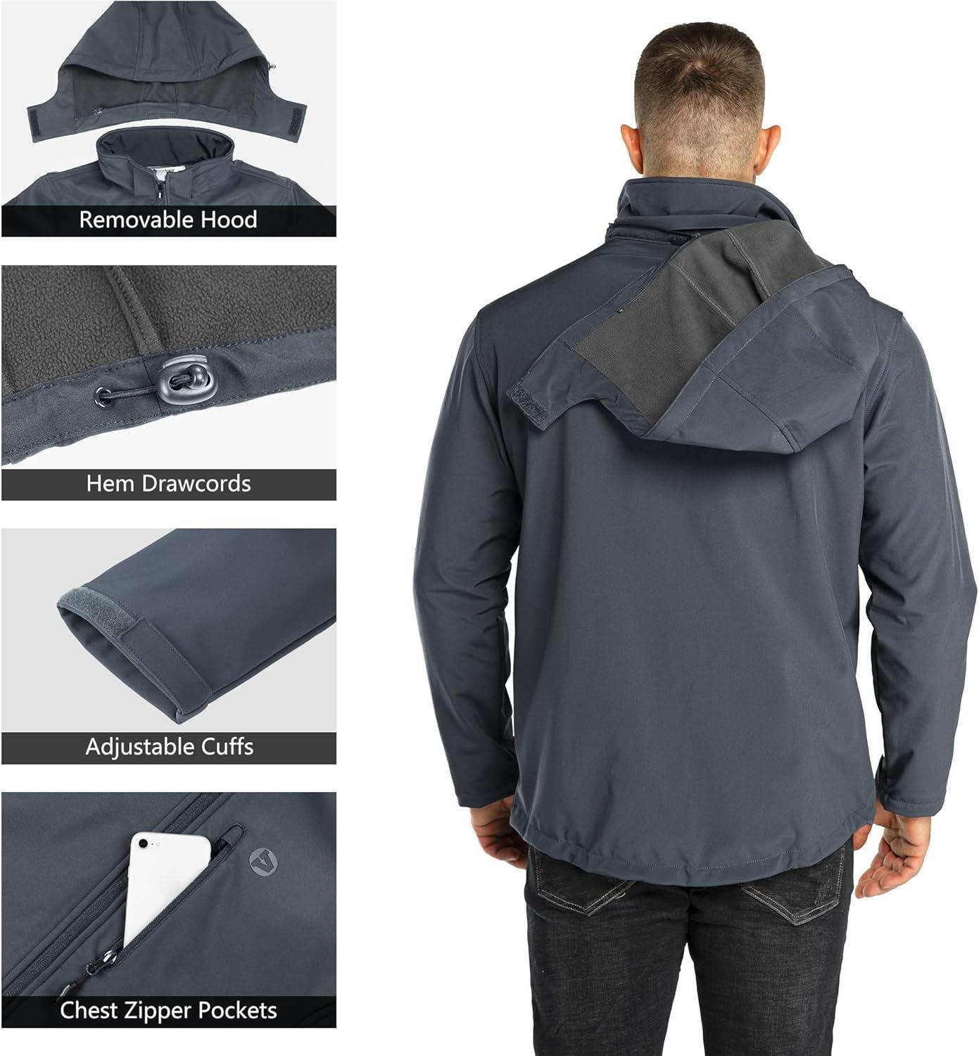 Outdoor Ventures Men’s Lightweight Softshell Jacket Fleece Lined Hooded Water Resistant Winter Hiking Windbreaker Jackets(Dimgrey- Removable Hood)