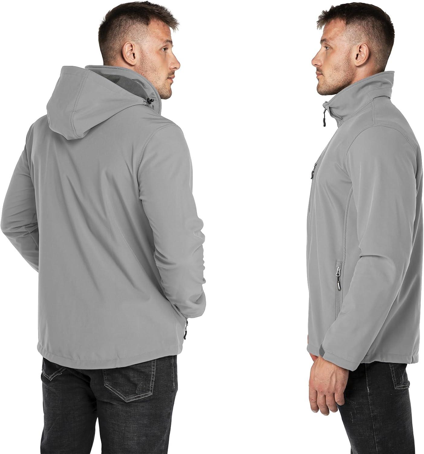 Outdoor Ventures Men’s Lightweight Softshell Jacket Fleece Lined Hooded Water Resistant Winter Hiking Windbreaker Jackets(Mid Grey-removable Hood)