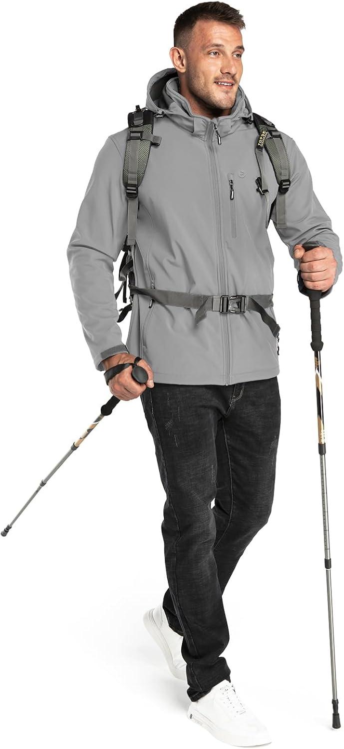 Outdoor Ventures Men’s Lightweight Softshell Jacket Fleece Lined Hooded Water Resistant Winter Hiking Windbreaker Jackets(Mid Grey-removable Hood)