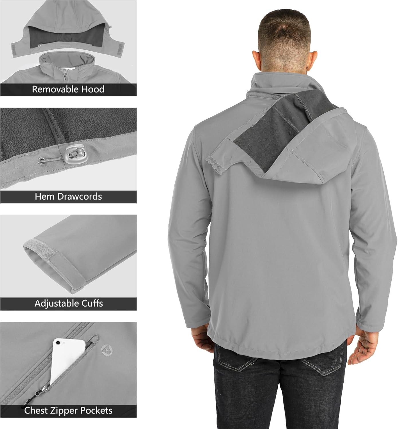 Outdoor Ventures Men’s Lightweight Softshell Jacket Fleece Lined Hooded Water Resistant Winter Hiking Windbreaker Jackets(Mid Grey-removable Hood)