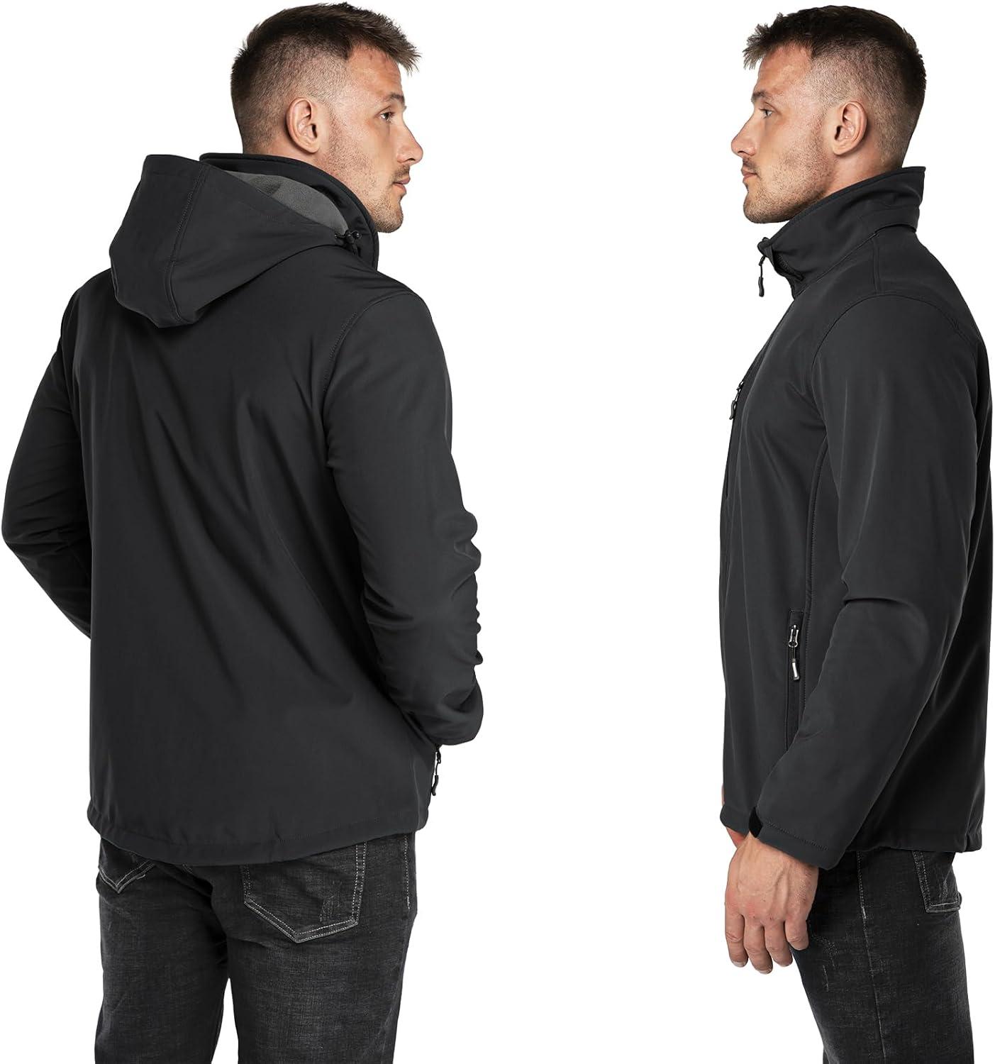 Outdoor Ventures Men’s Lightweight Softshell Jacket Fleece Lined Hooded Water Resistant Winter Hiking Windbreaker Jackets(Black-removable Hood)